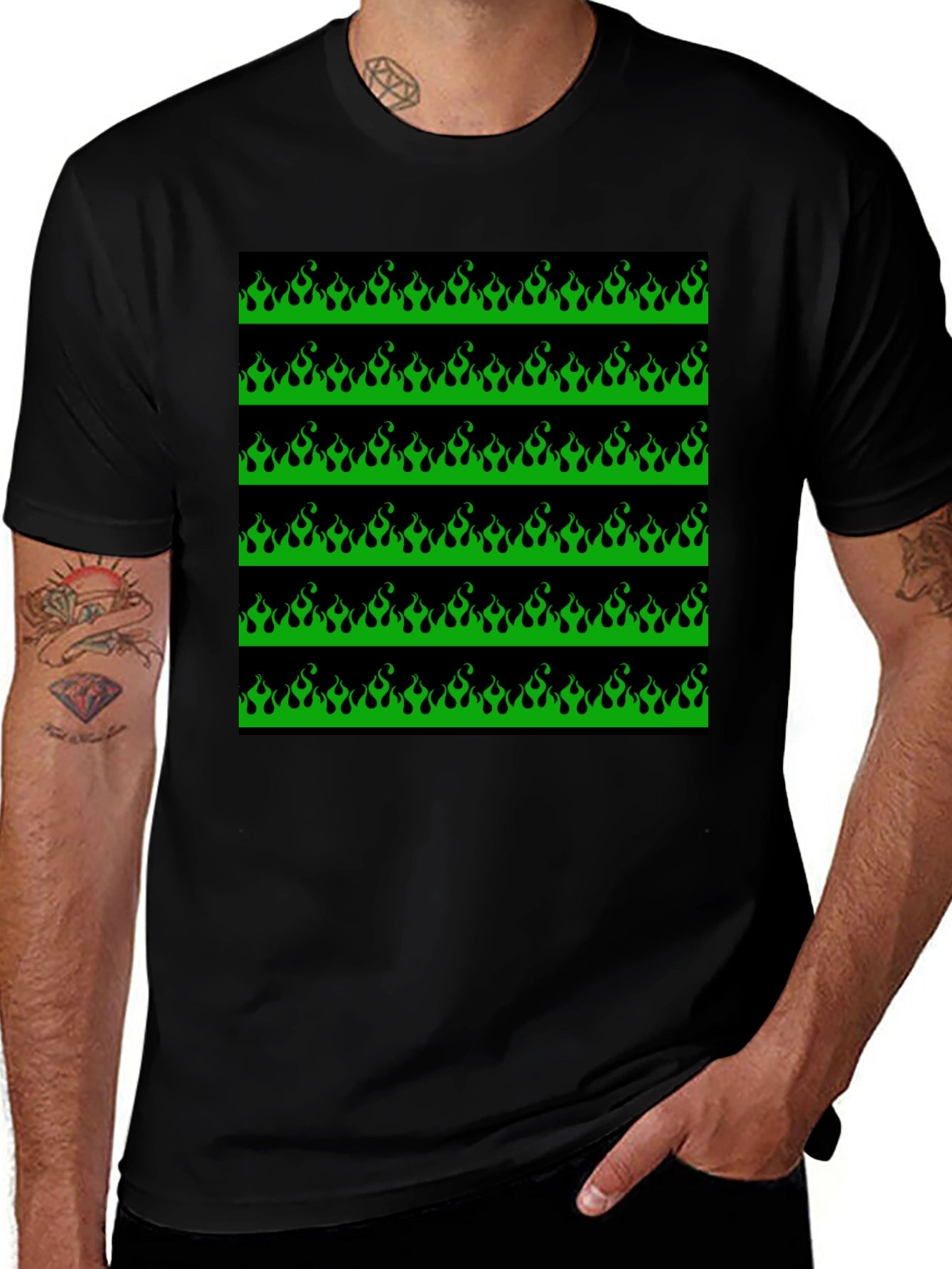Green Flame Graphic Black T-Shirt
