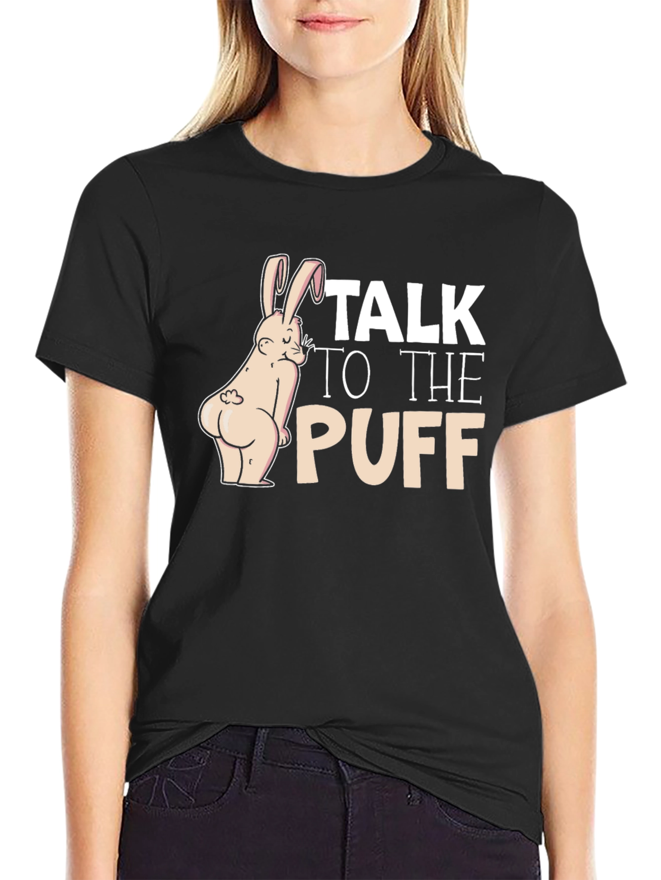 Talk To The Puff Funny Bunny Black T-Shirt
