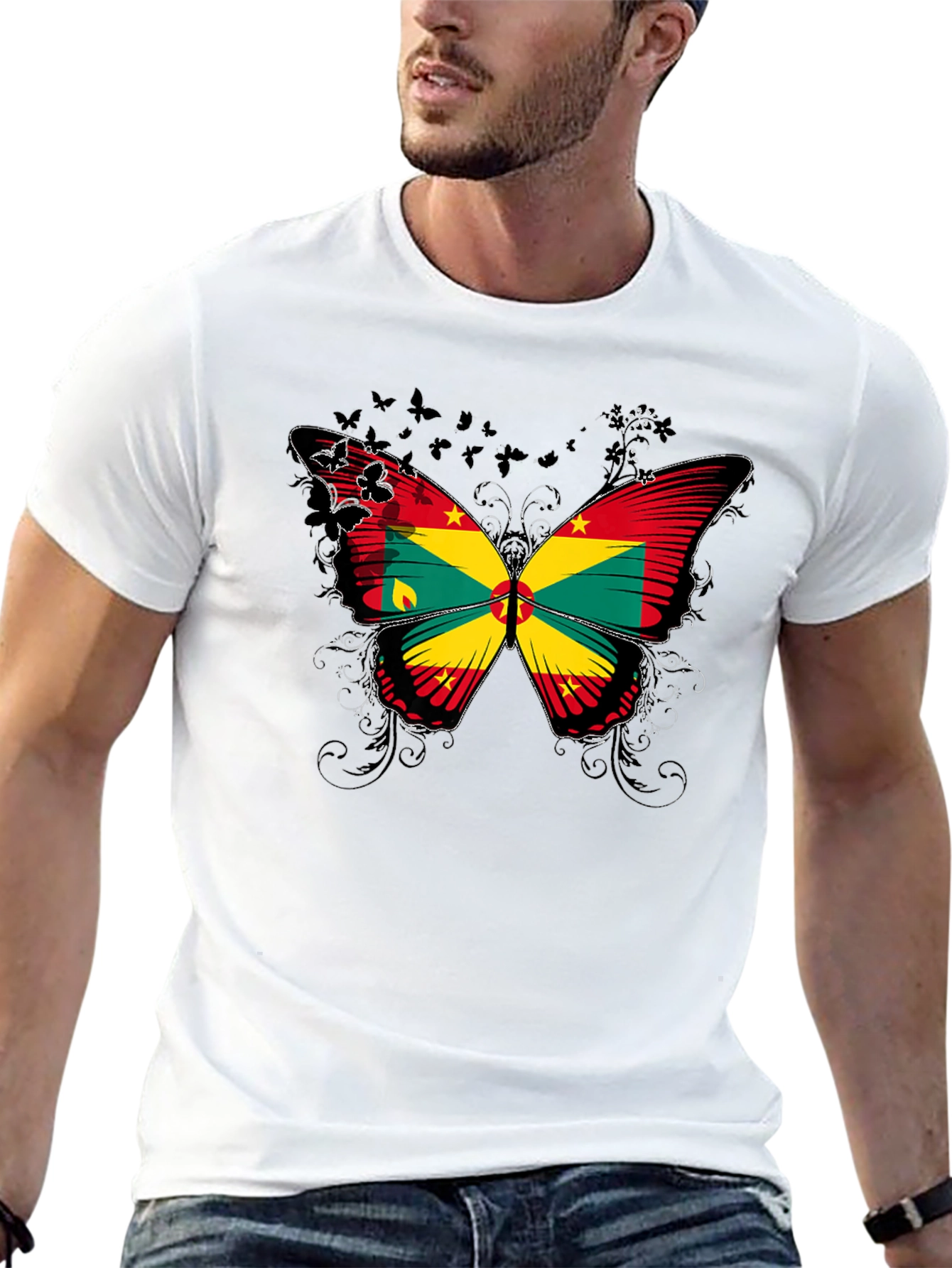 Grenada Flag Butterfly Graphic Black T-Shirt