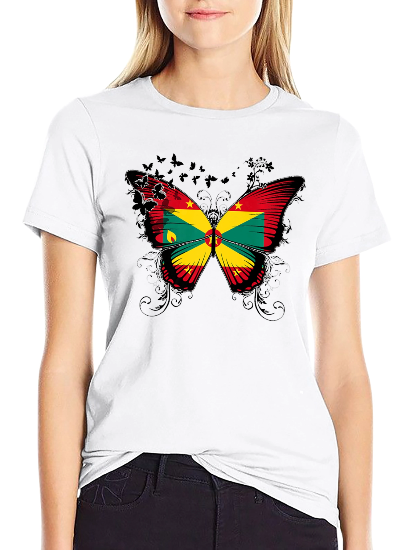 Grenada Flag Butterfly Graphic Black T-Shirt