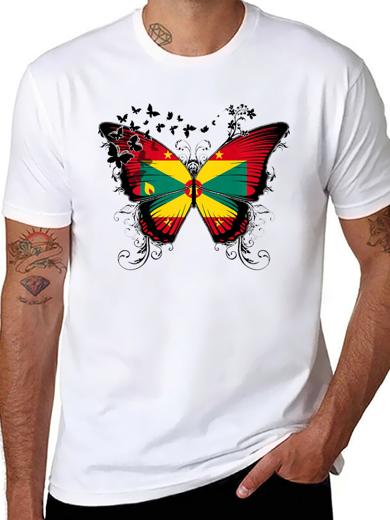 Grenada Flag Butterfly Graphic Black T-Shirt