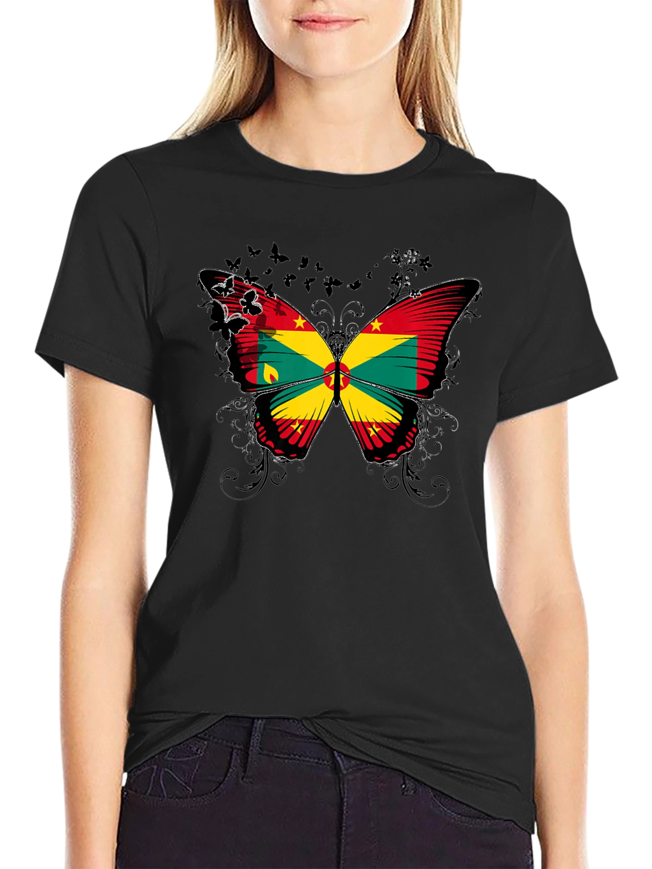 Grenada Flag Butterfly Graphic Black T-Shirt