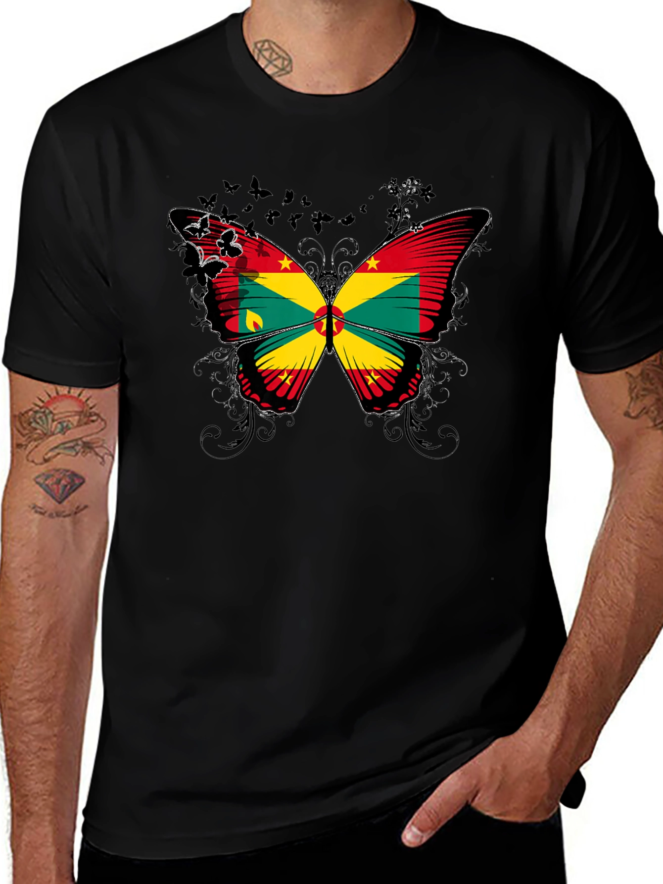 Grenada Flag Butterfly Graphic Black T-Shirt