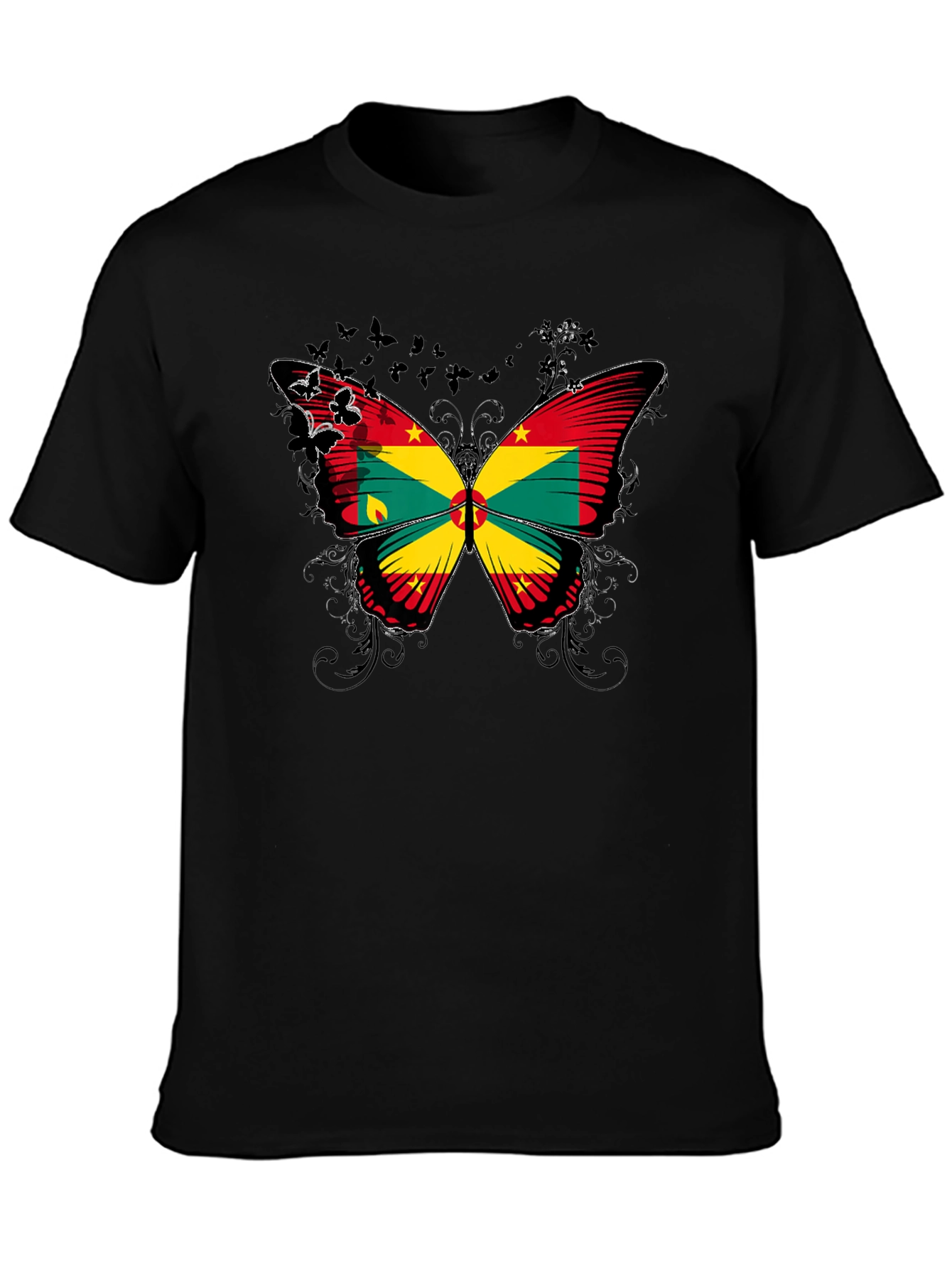 Grenada Flag Butterfly Graphic Black T-Shirt
