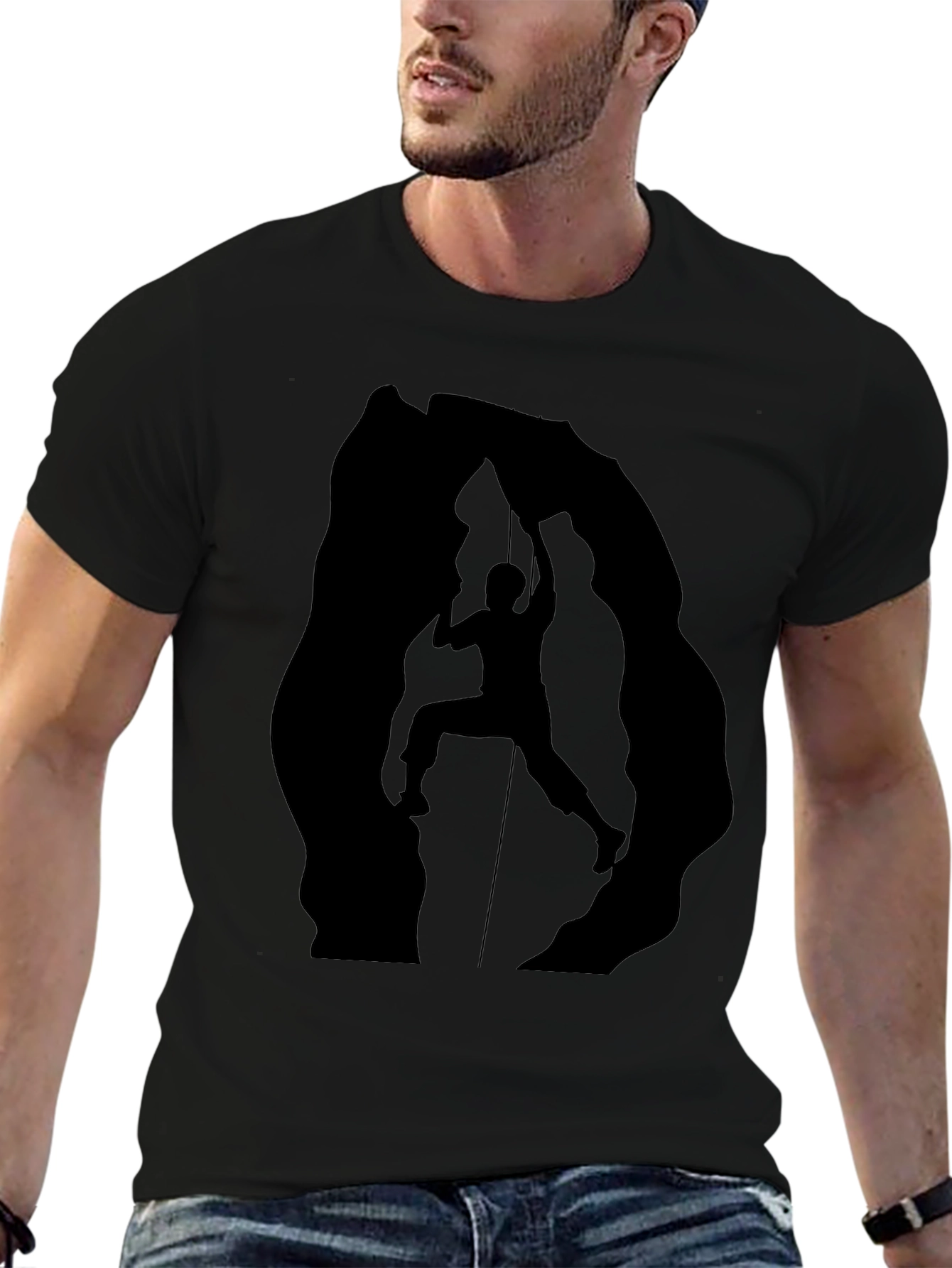 Rock Climbing Silhouette Graphic Tee - Black Cotton Shirt
