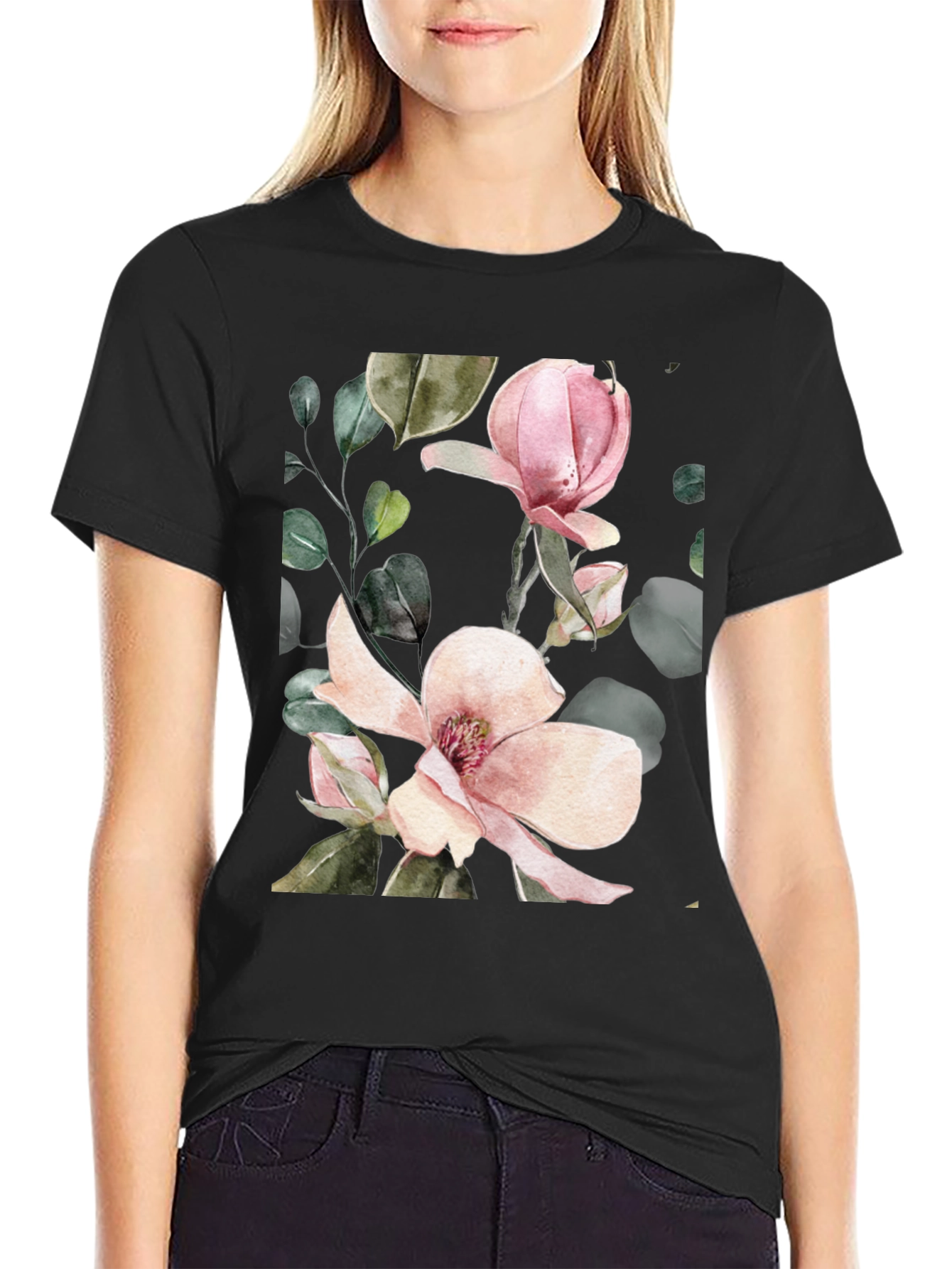 Floral Magnolia Blossom Black T-Shirt
