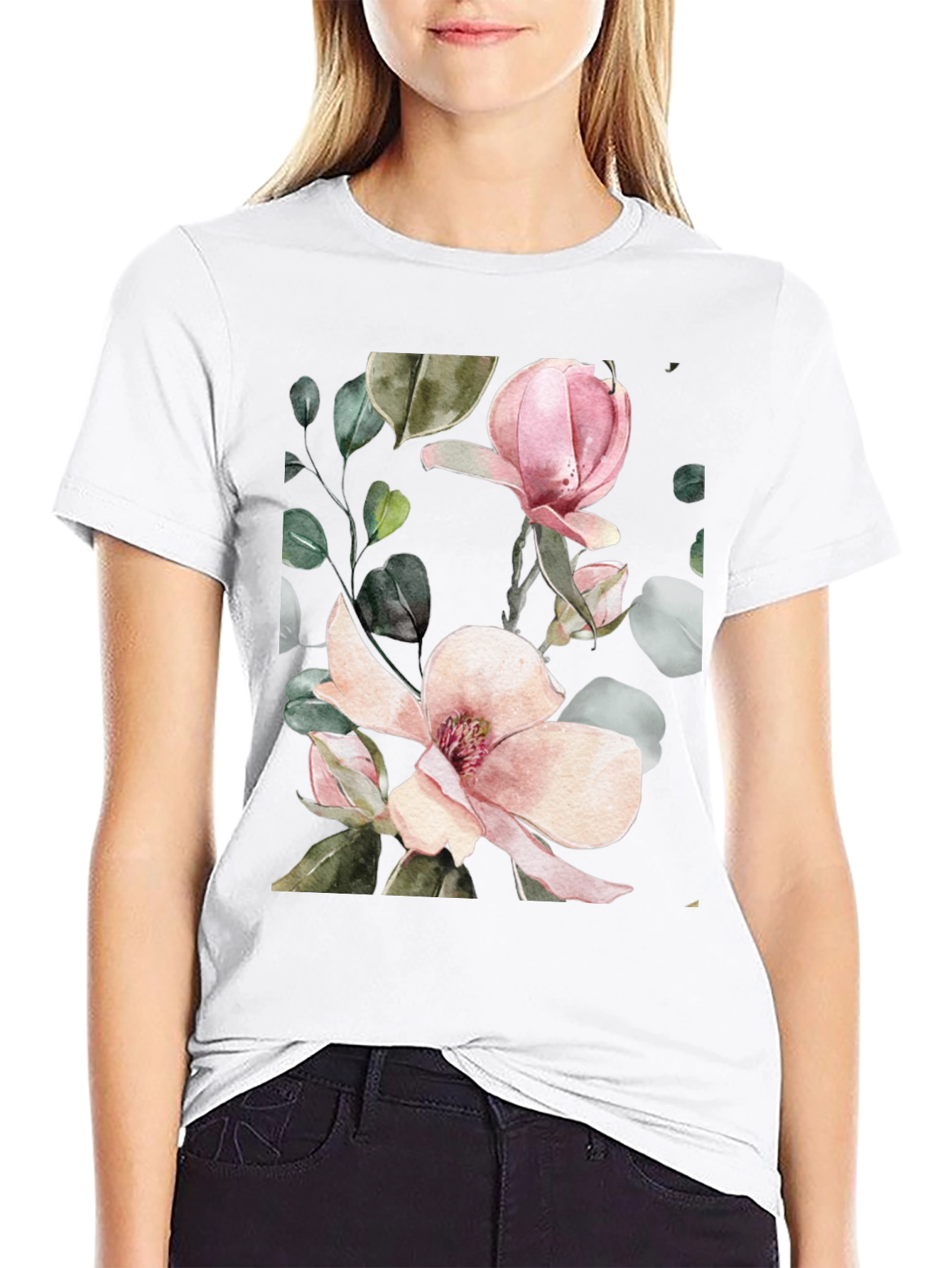 Floral Magnolia Blossom Black T-Shirt