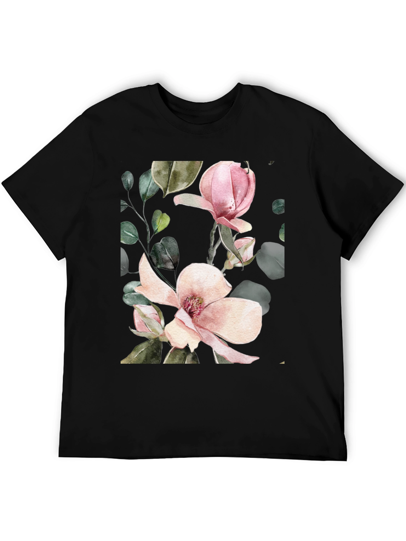 Floral Magnolia Blossom Black T-Shirt