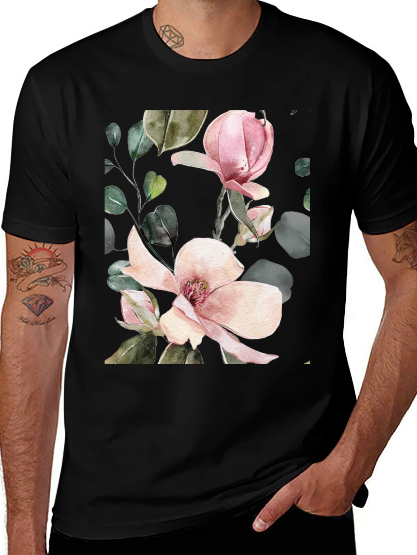 Floral Magnolia Blossom Black T-Shirt