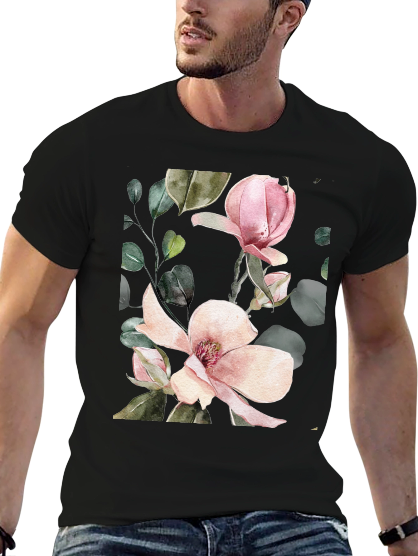 Floral Magnolia Blossom Black T-Shirt