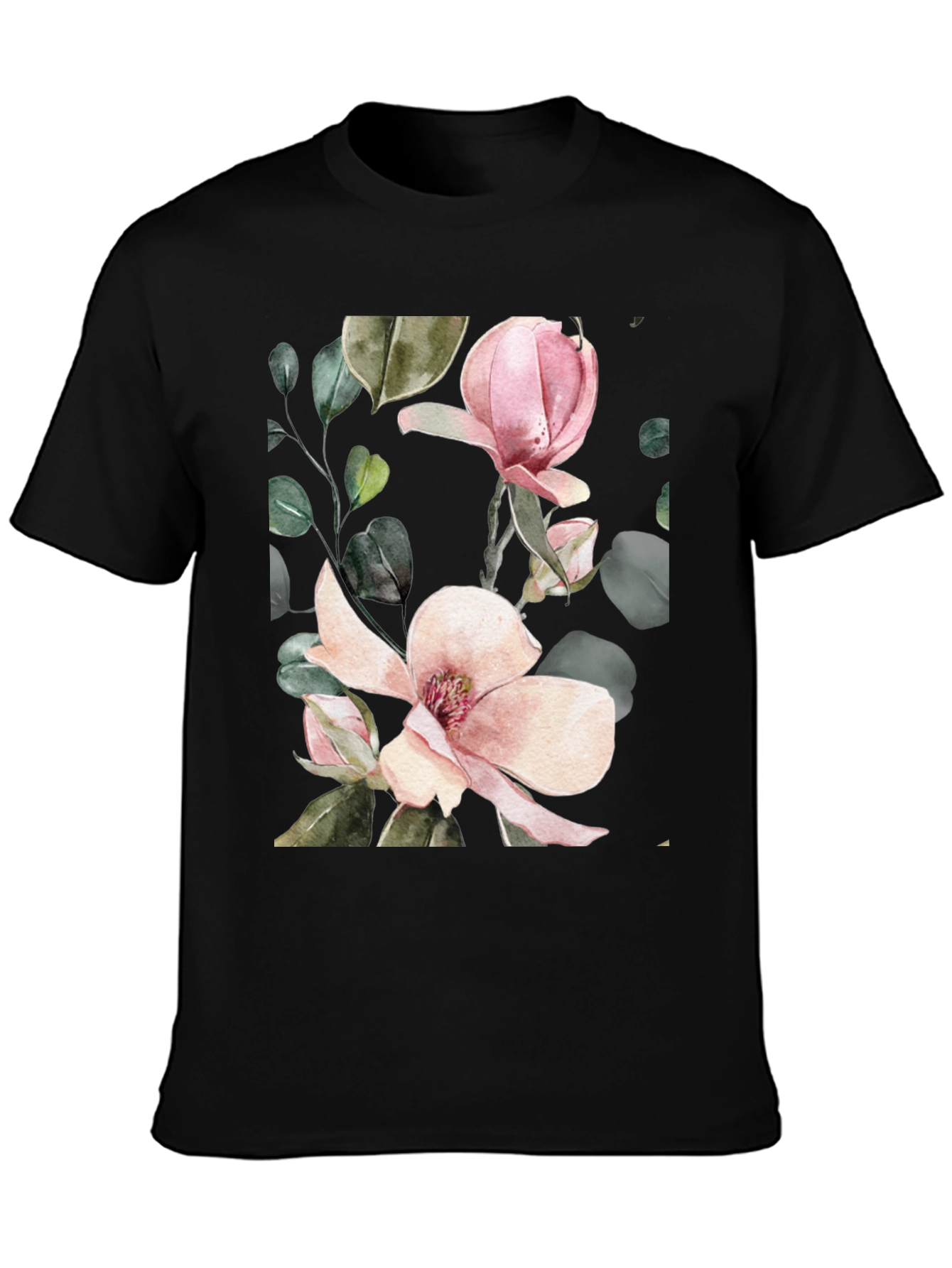 Floral Magnolia Blossom Black T-Shirt
