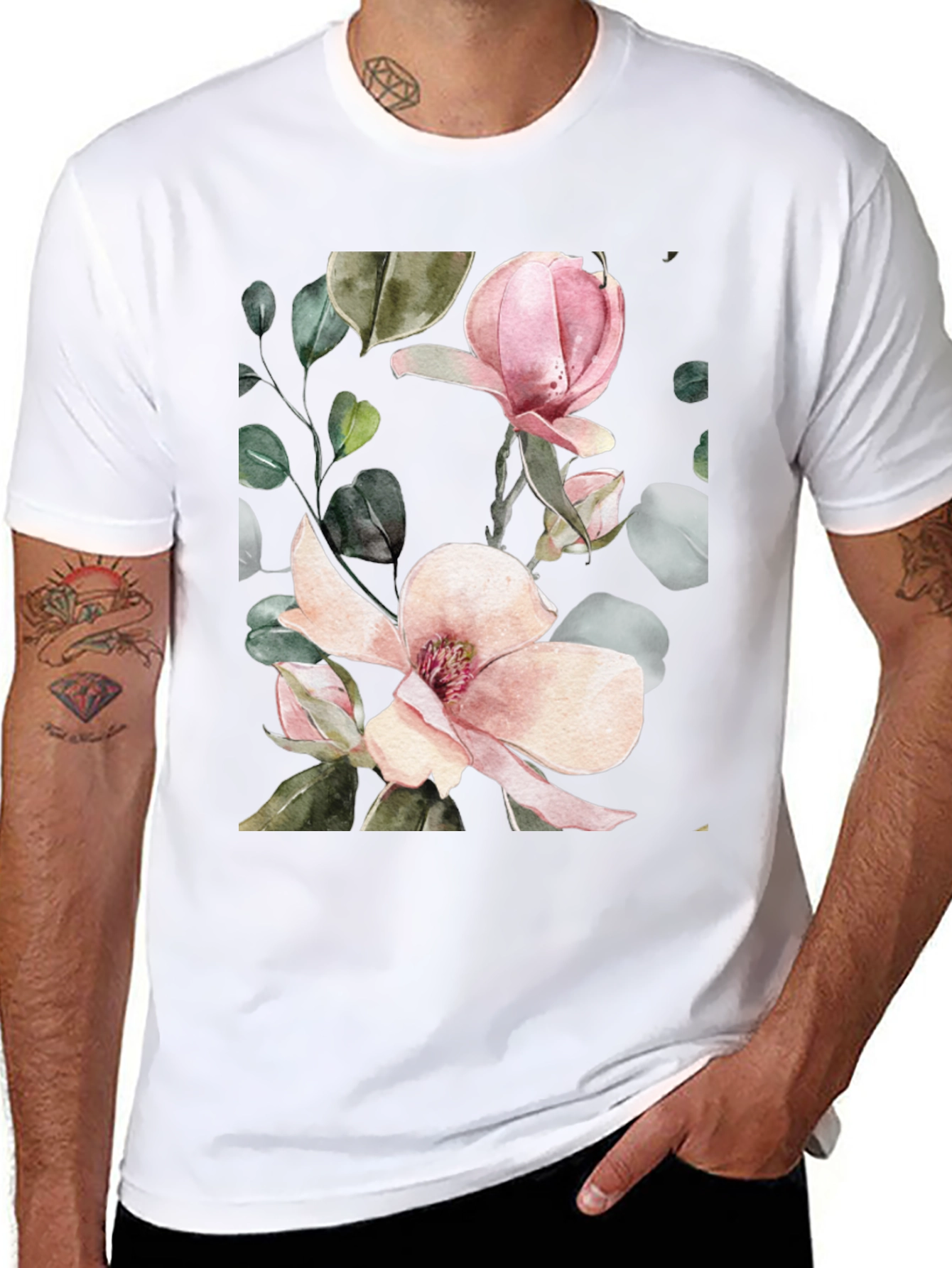 Floral Magnolia Blossom Black T-Shirt