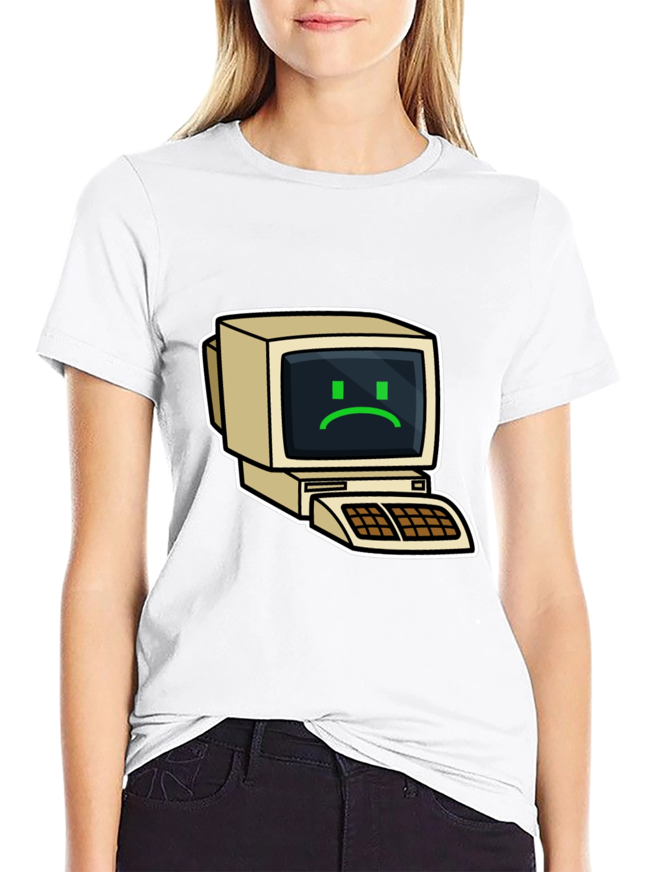 Retro Computer Sad Face Graphic Black T-Shirt