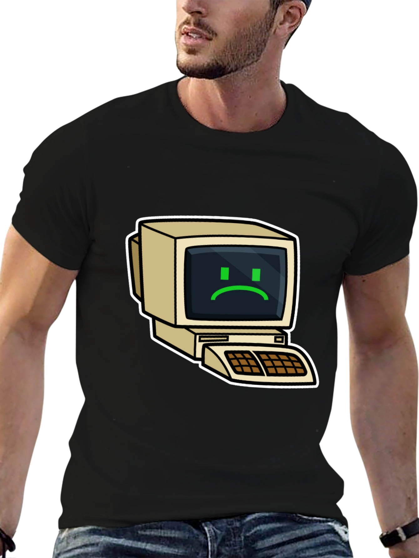 Retro Computer Sad Face Graphic Black T-Shirt