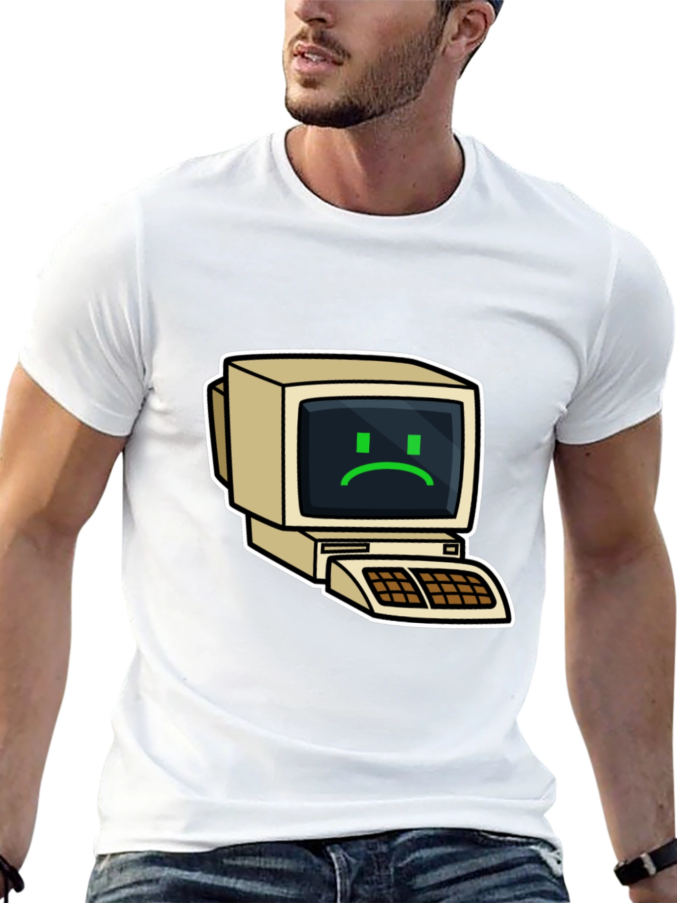 Retro Computer Sad Face Graphic Black T-Shirt