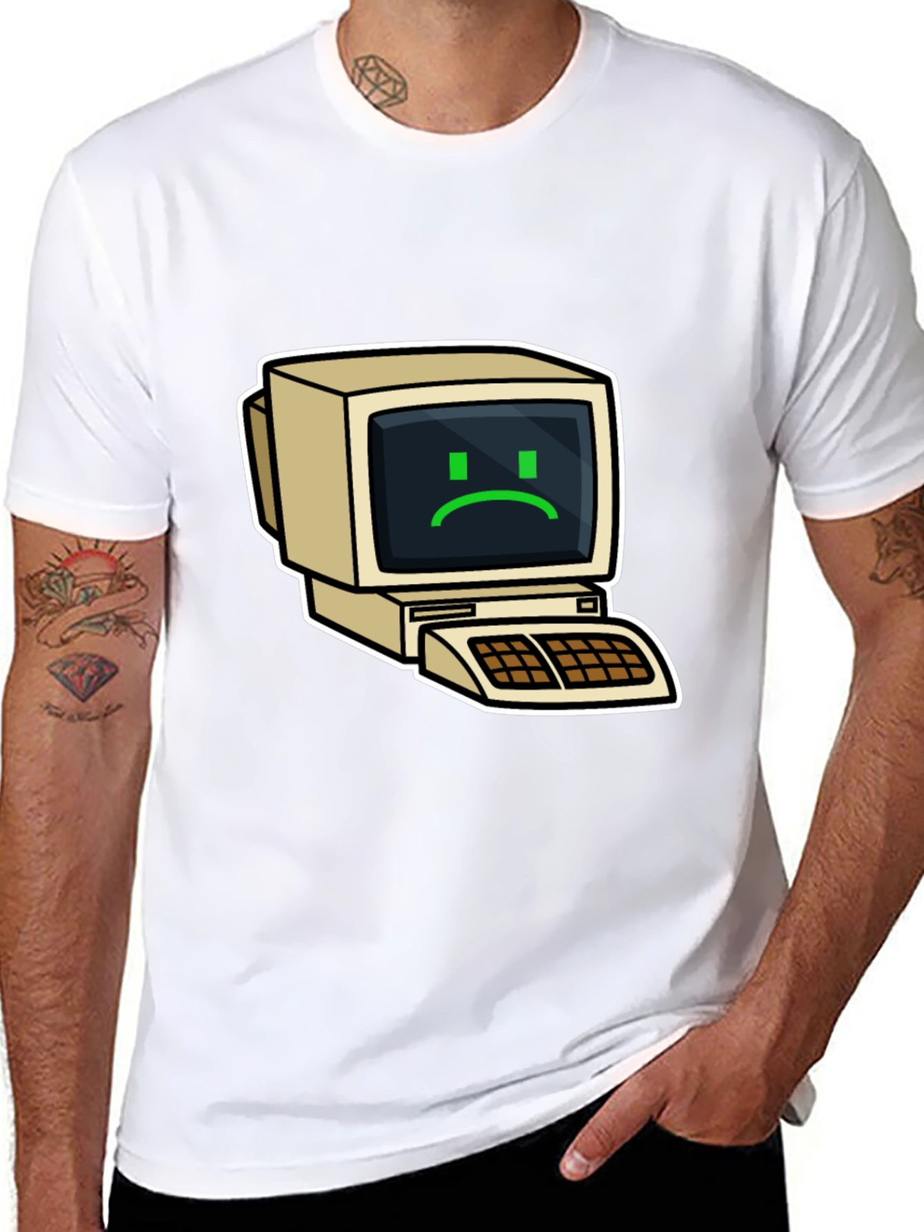Retro Computer Sad Face Graphic Black T-Shirt