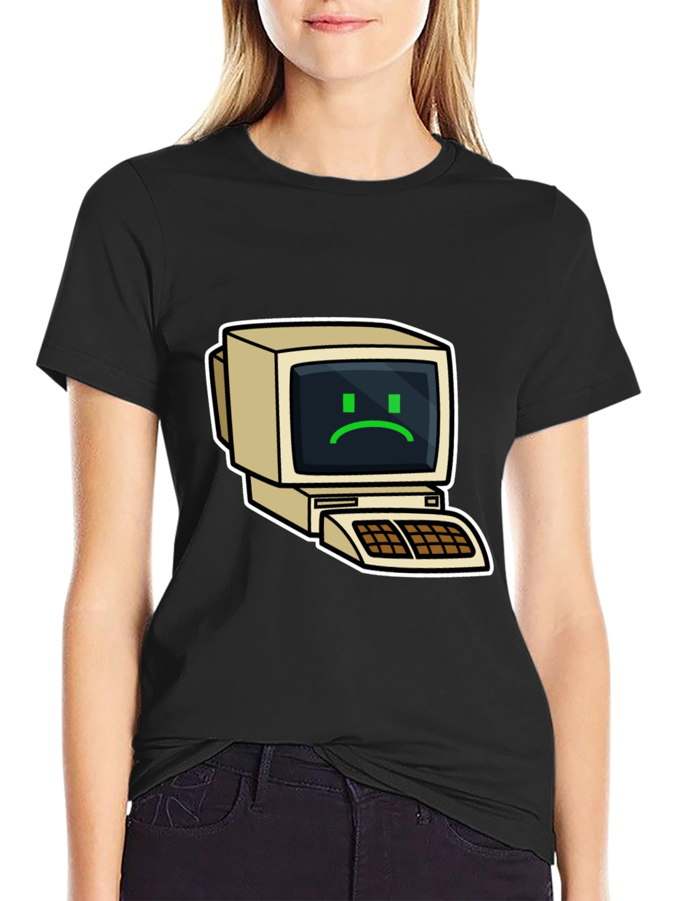 Retro Computer Sad Face Graphic Black T-Shirt