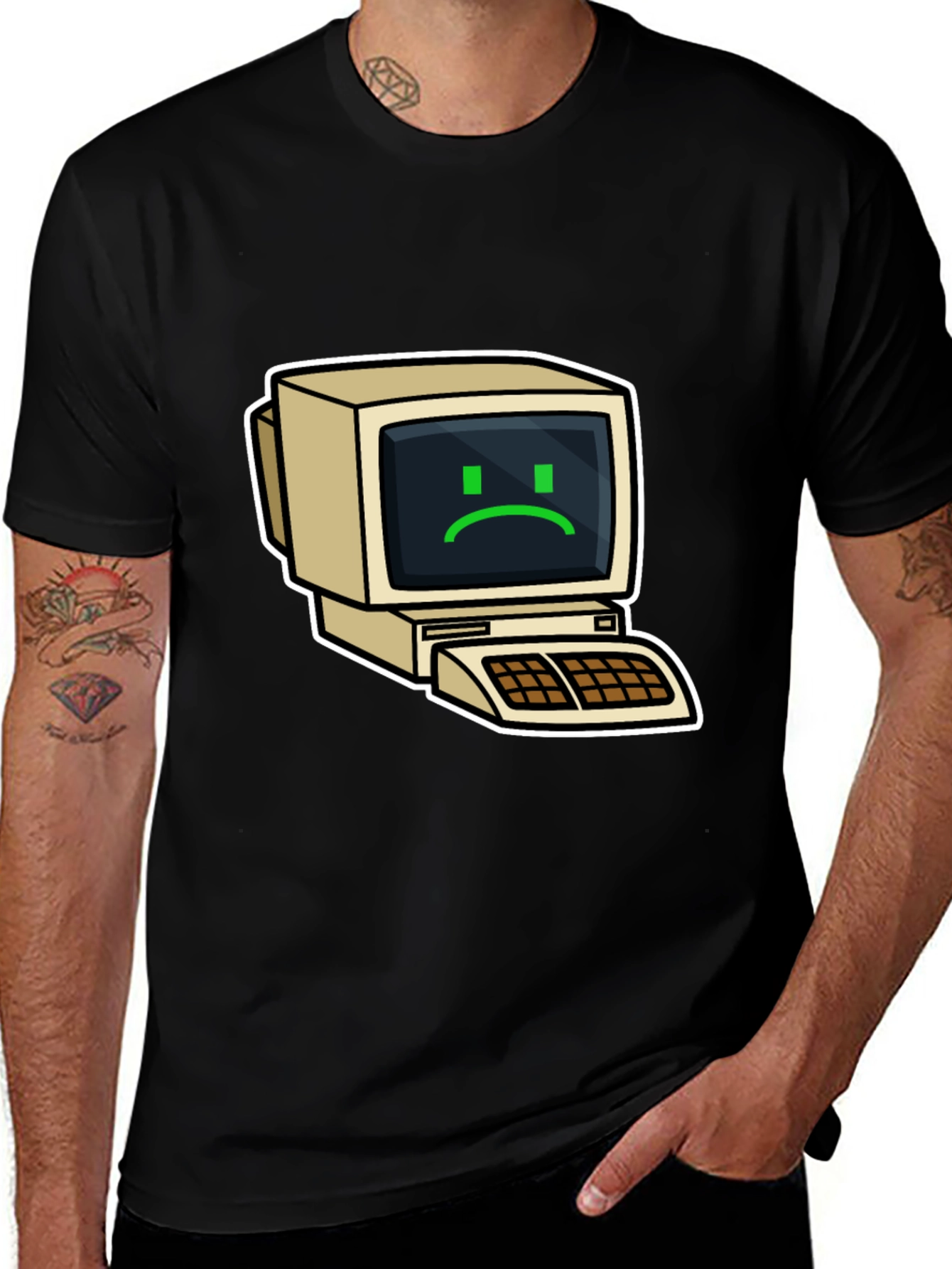 Retro Computer Sad Face Graphic Black T-Shirt