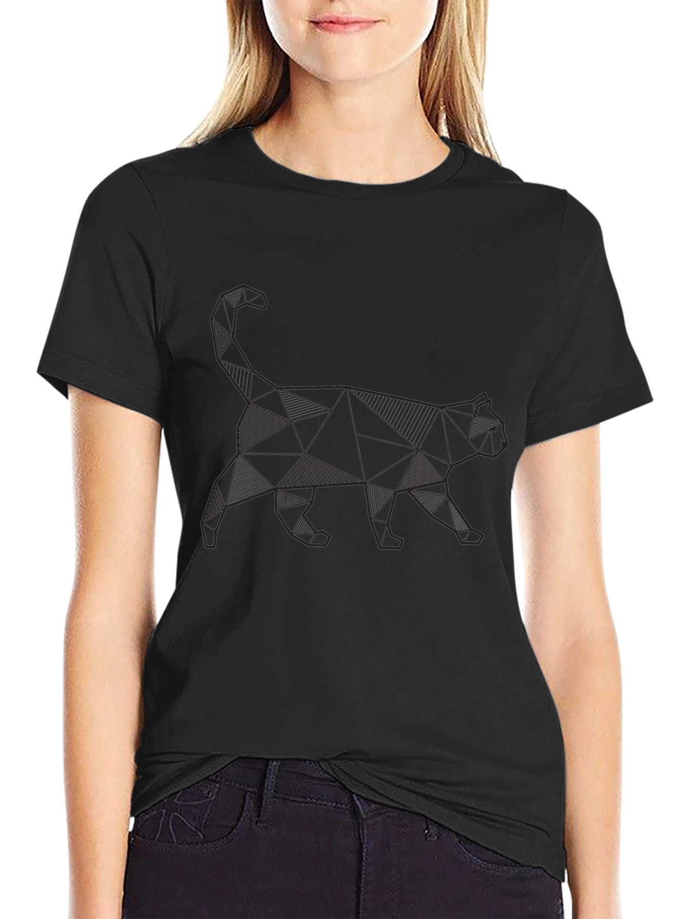 Geometric Cat Print Black T-Shirt