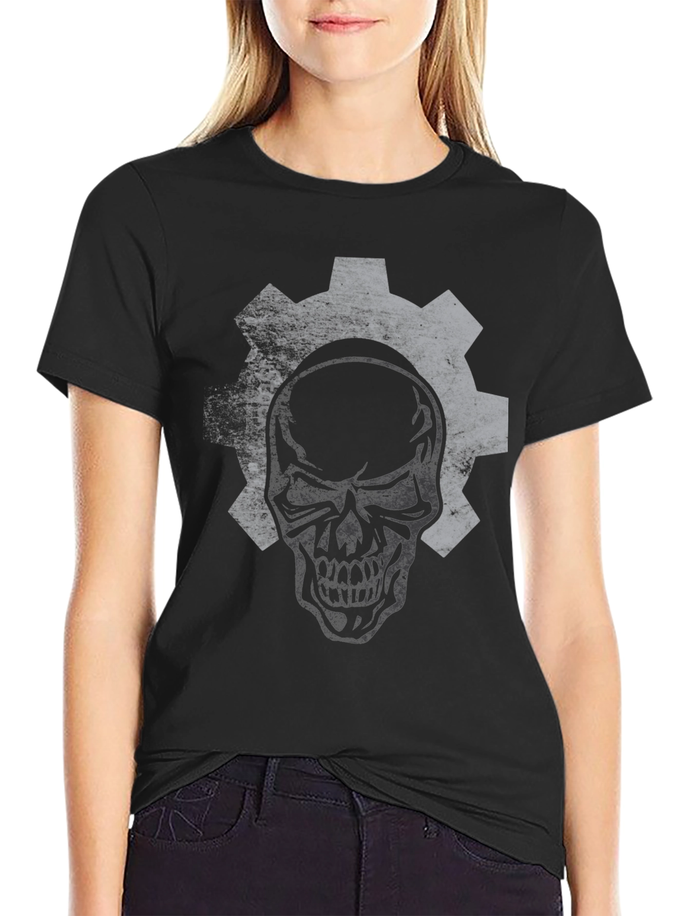 Skull Gear Graphic Print Black T-Shirt