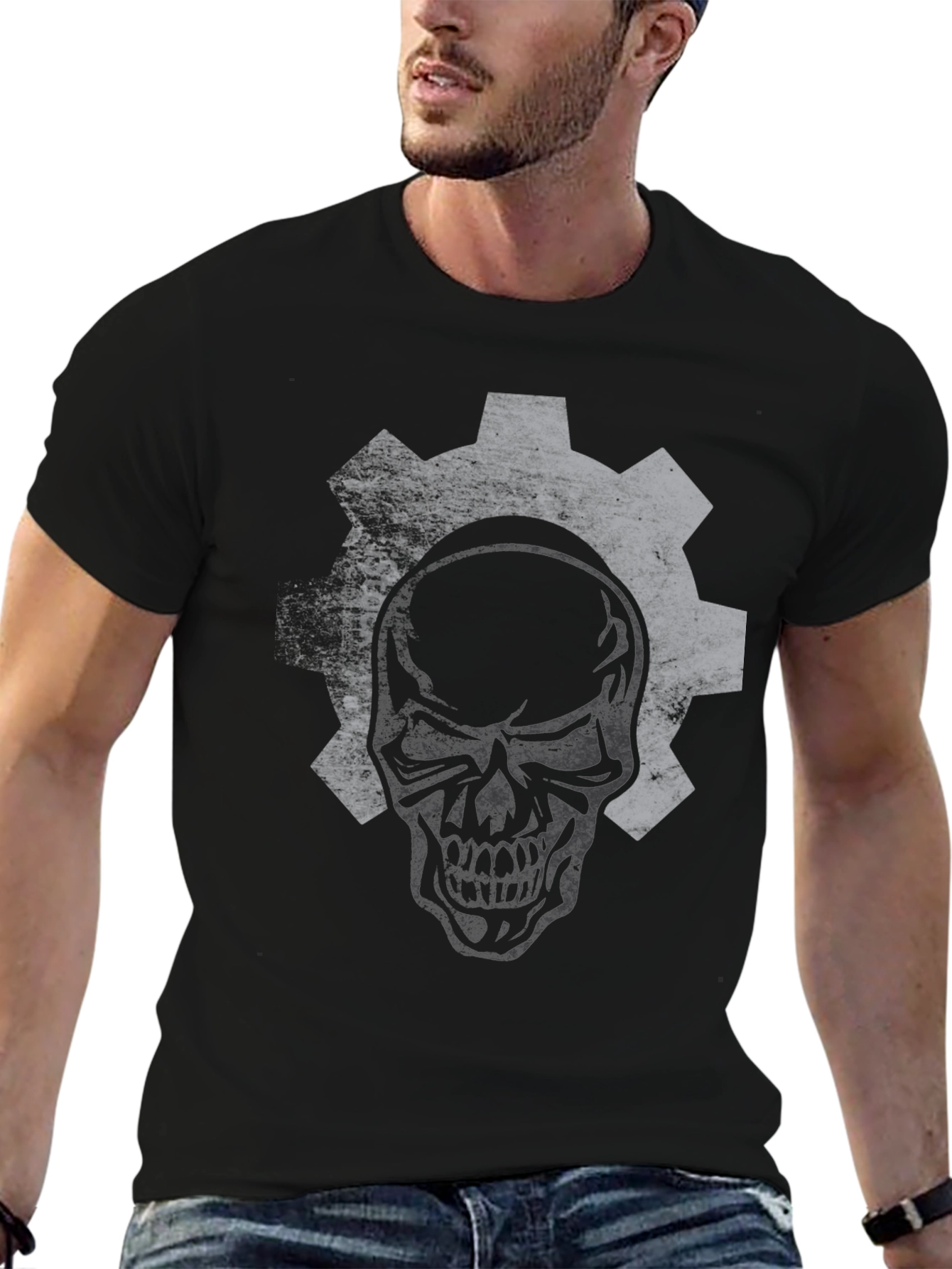 Skull Gear Graphic Print Black T-Shirt
