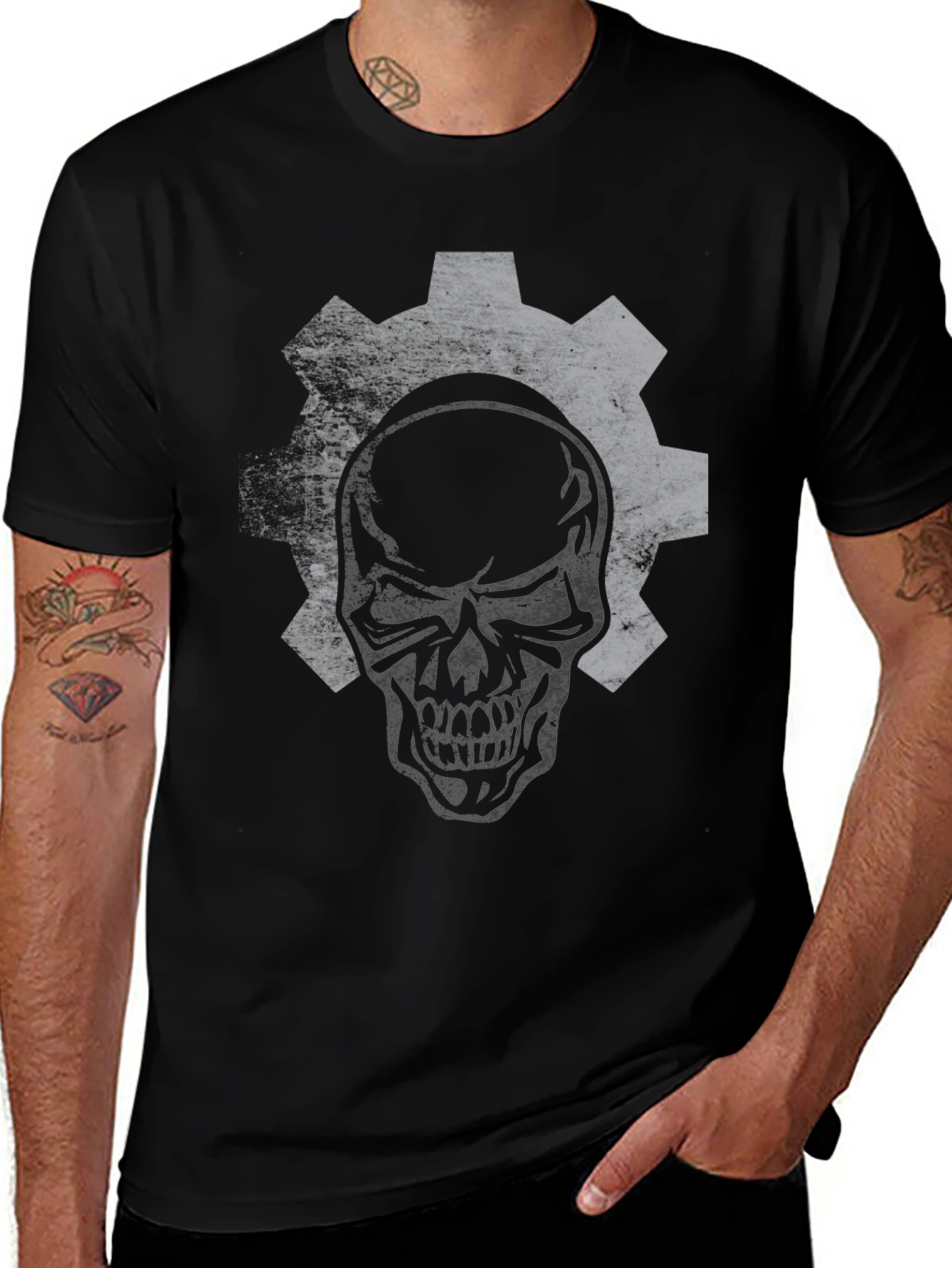 Skull Gear Graphic Print Black T-Shirt