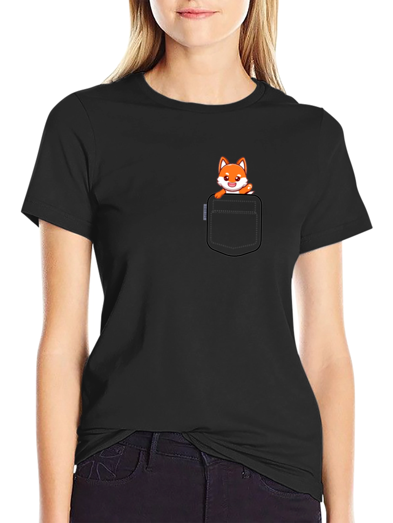 Fox in Pocket Black T-Shirt - Cute Graphic Tee