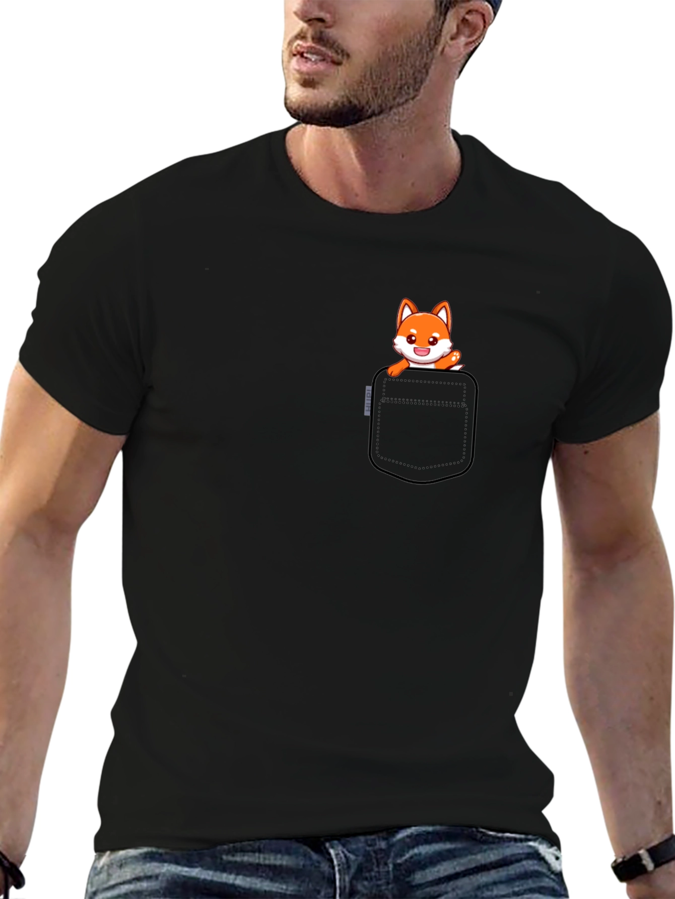 Fox in Pocket Black T-Shirt - Cute Graphic Tee