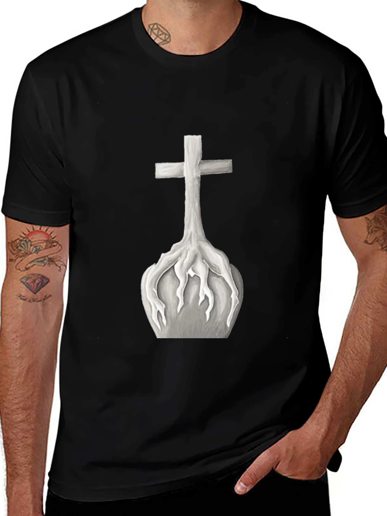 Cross Roots Graphic Tee - Black Cotton T-Shirt