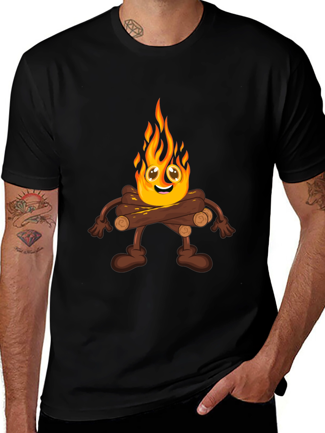Campfire Cartoon Graphic Black T-Shirt