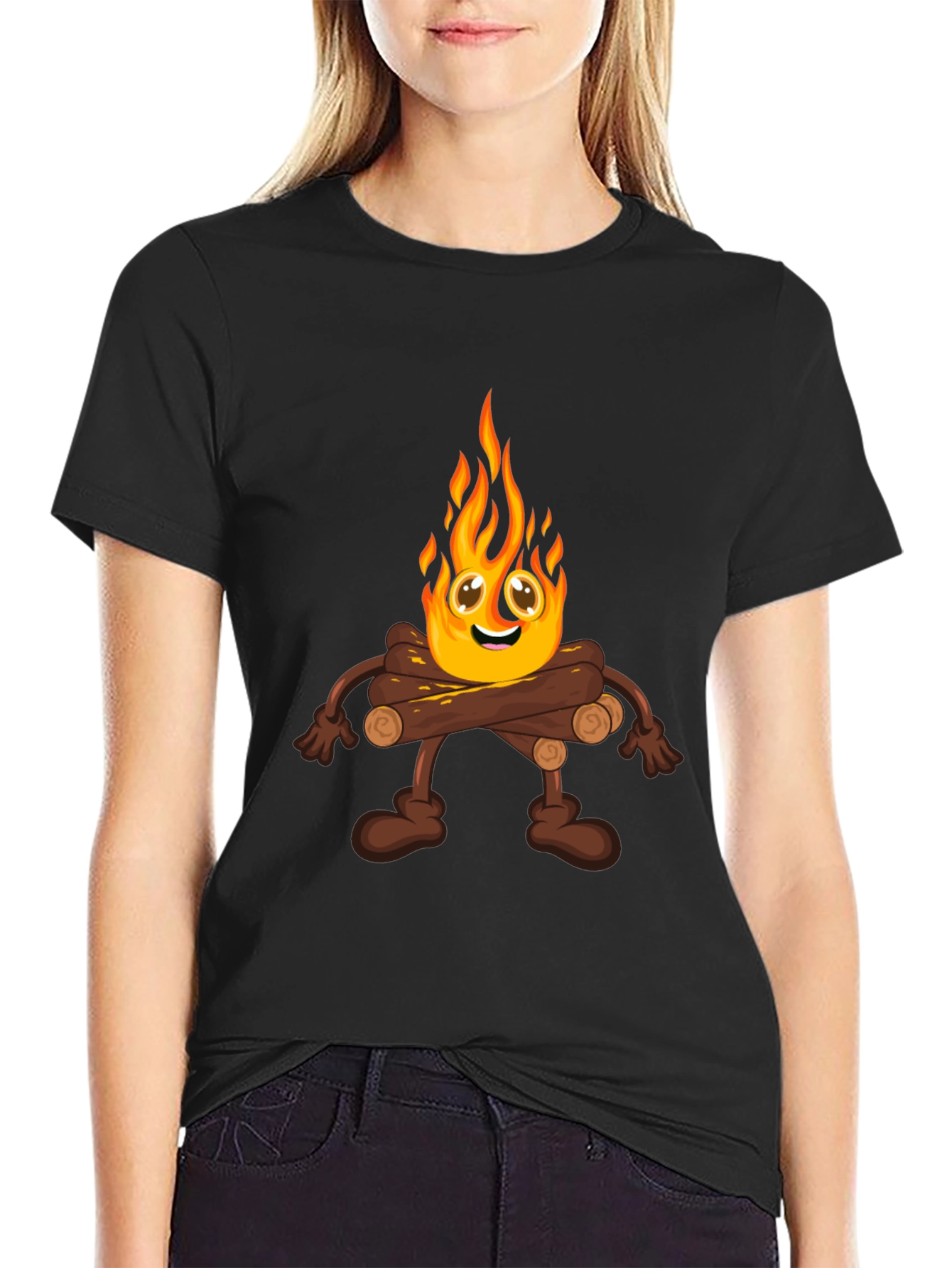 Campfire Cartoon Graphic Black T-Shirt