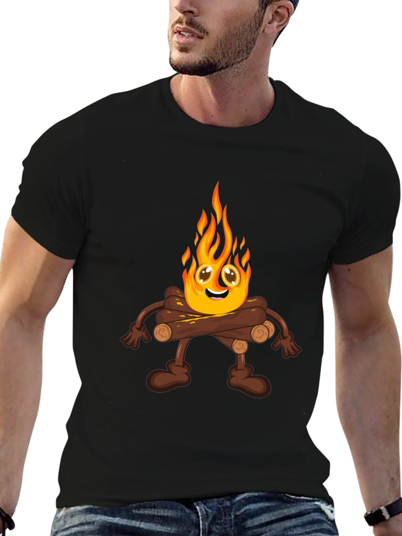 Campfire Cartoon Graphic Black T-Shirt