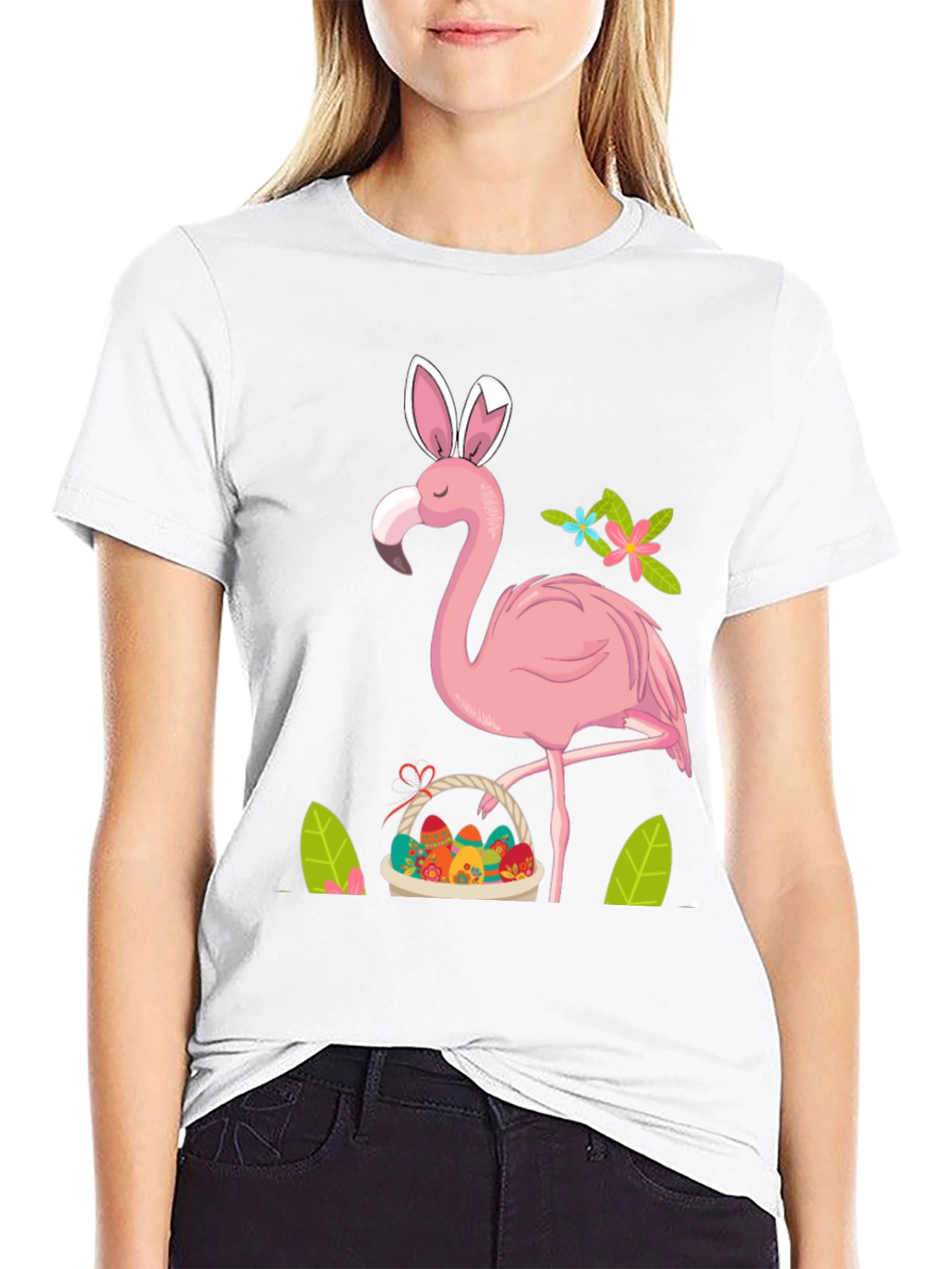 Easter Flamingo T-Shirt - Bunny Ears & Egg Basket!