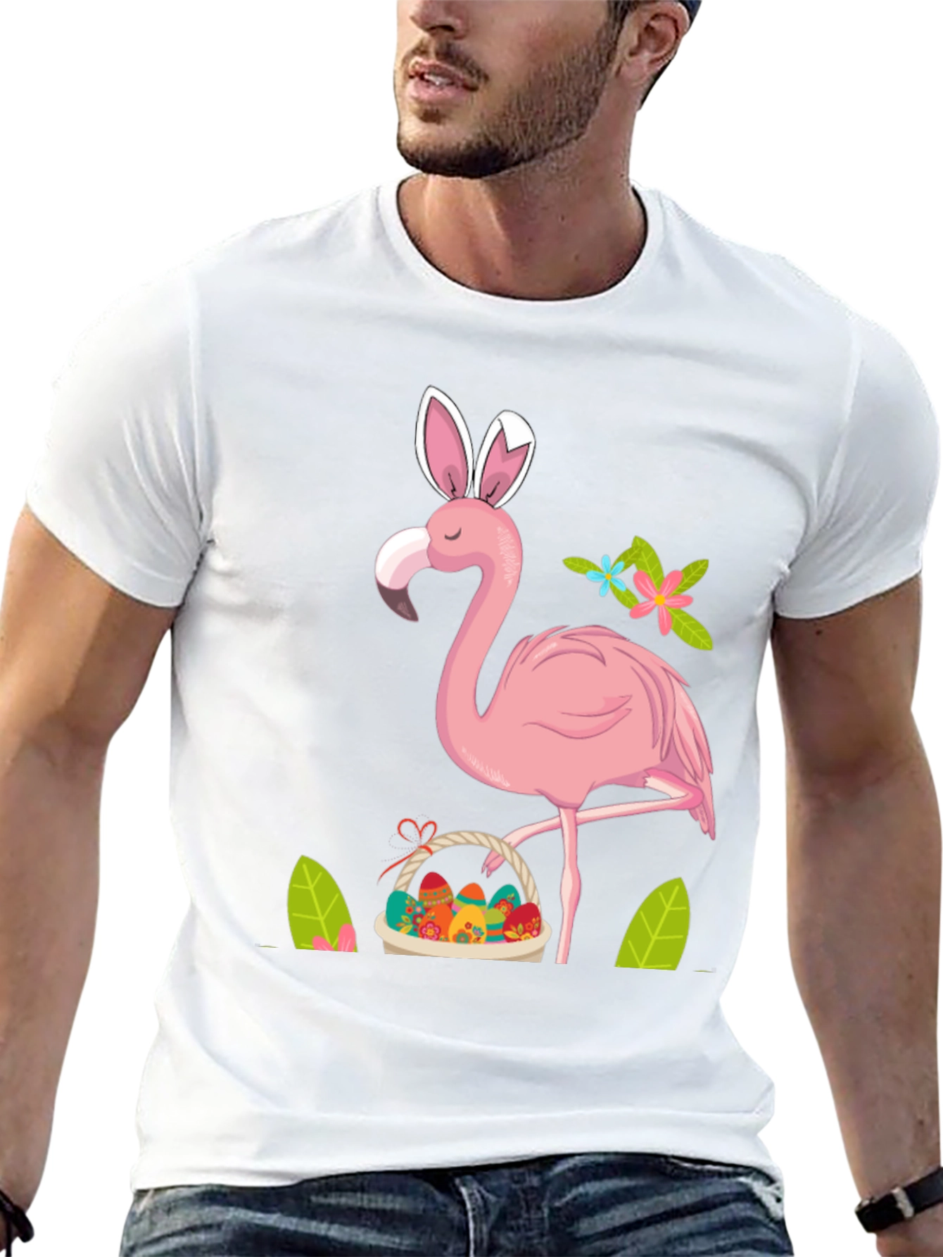 Easter Flamingo T-Shirt - Bunny Ears & Egg Basket!