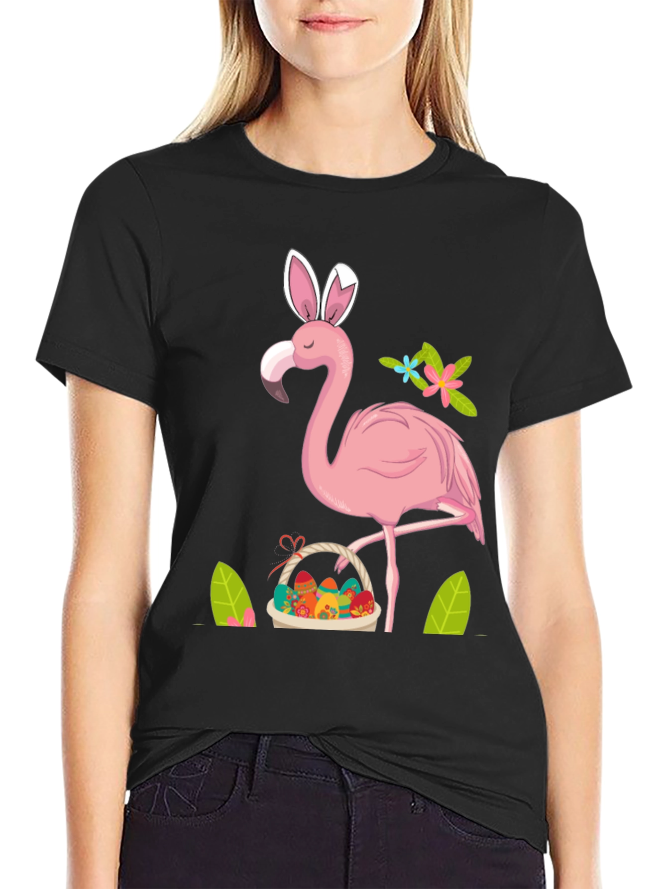 Easter Flamingo T-Shirt - Bunny Ears & Egg Basket!