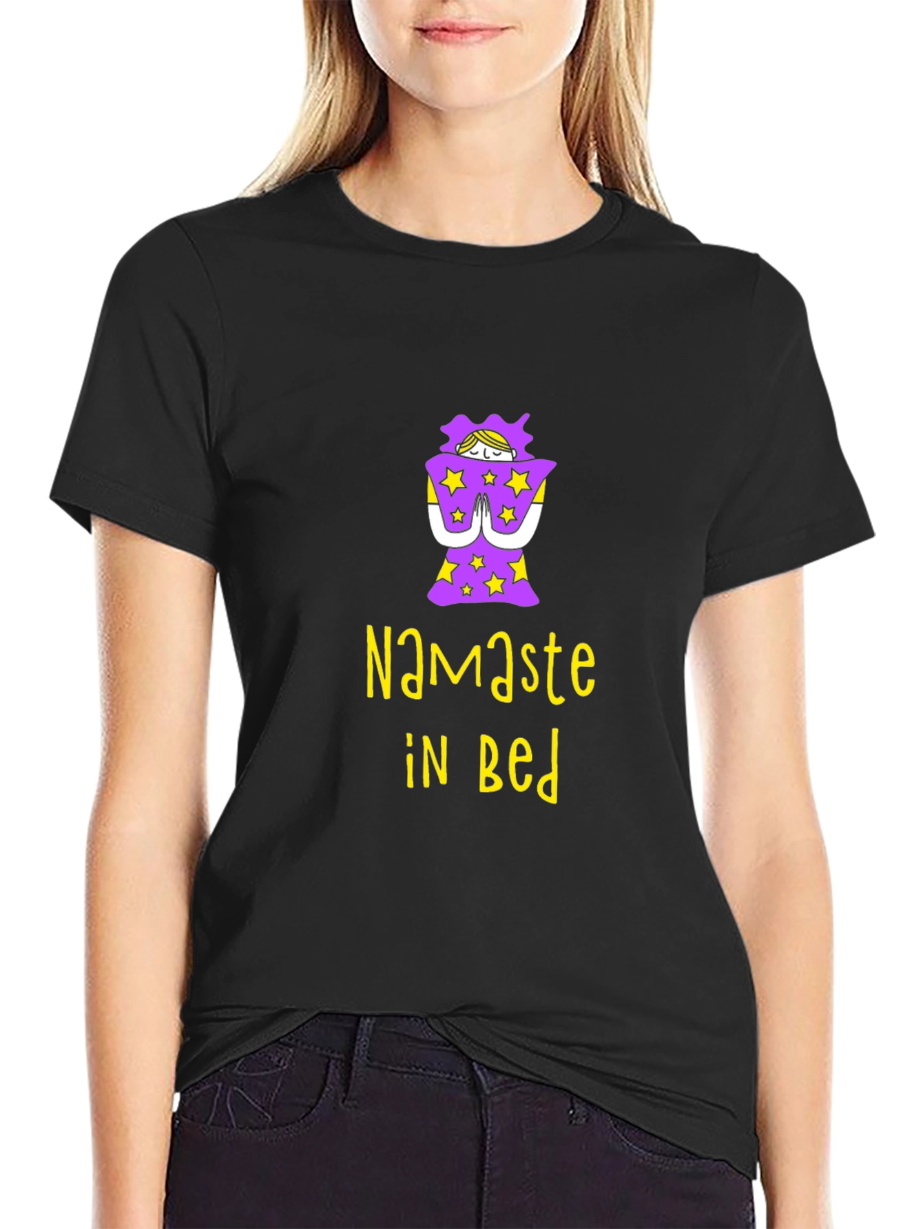 Namaste In Bed Graphic Tee - Black Cotton T-Shirt