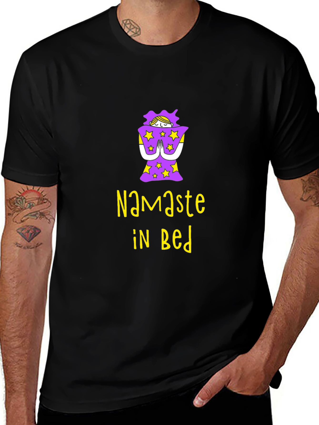 Namaste In Bed Graphic Tee - Black Cotton T-Shirt