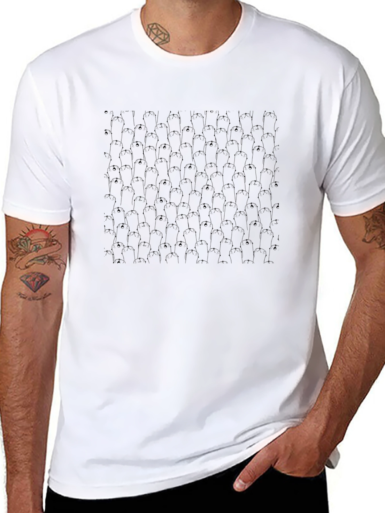 Mens Black Penguin Pattern Crewneck T-Shirt
