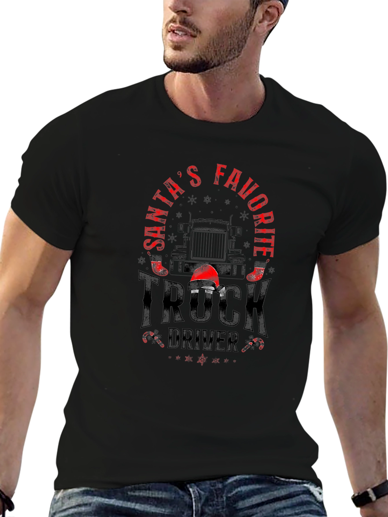 Santas Favorite Truck Driver Black Graphic T-Shirt
