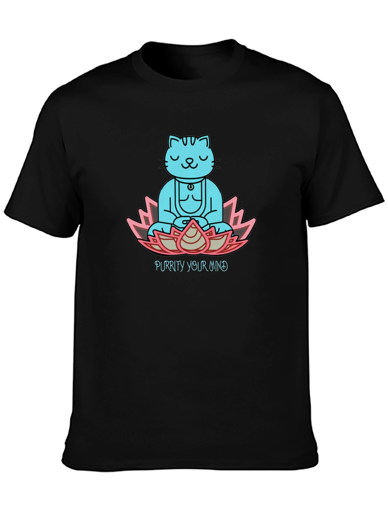 Purrity Your Mind Black T-Shirt - Meditating Cat Design