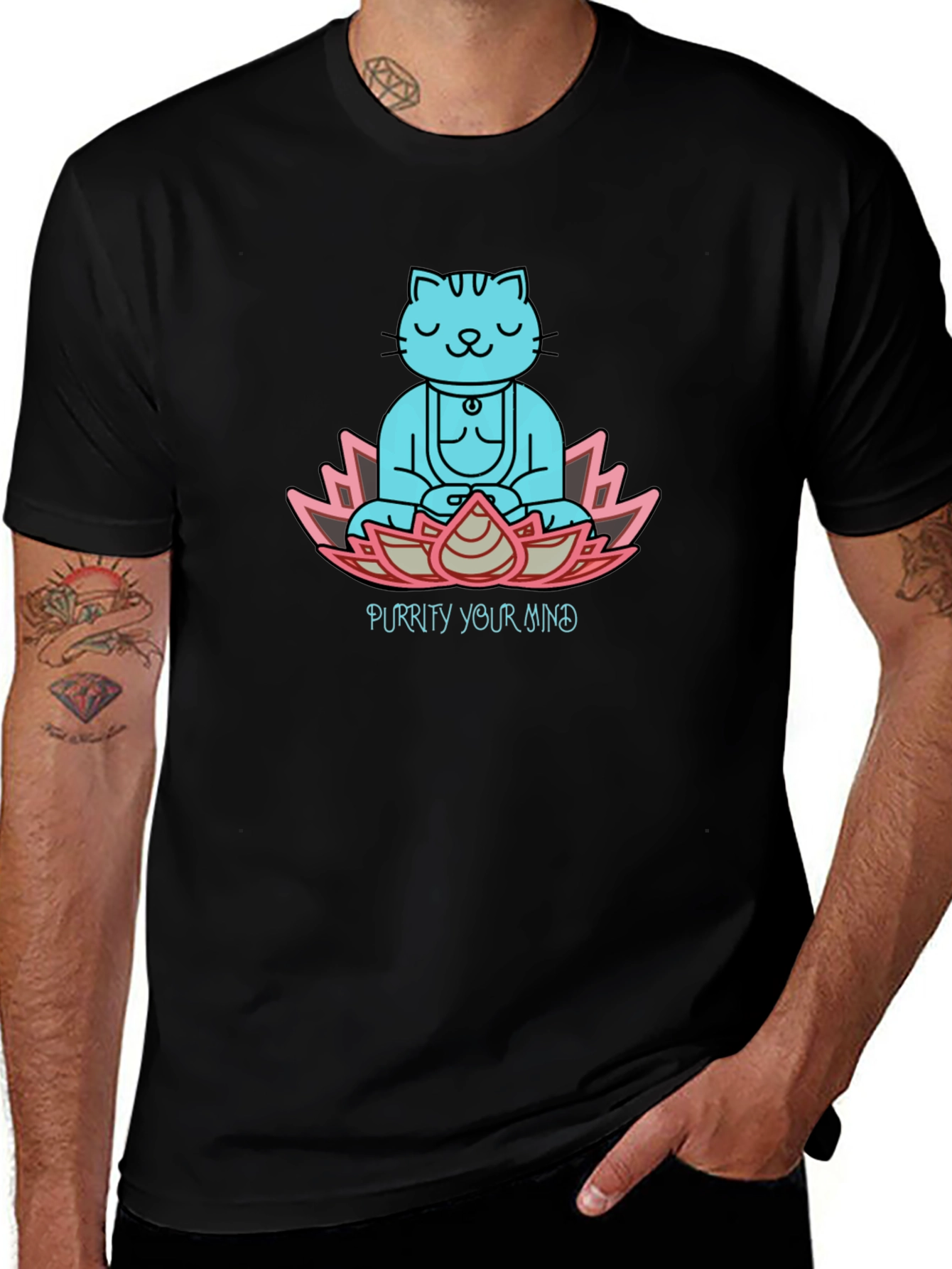 Purrity Your Mind Black T-Shirt - Meditating Cat Design
