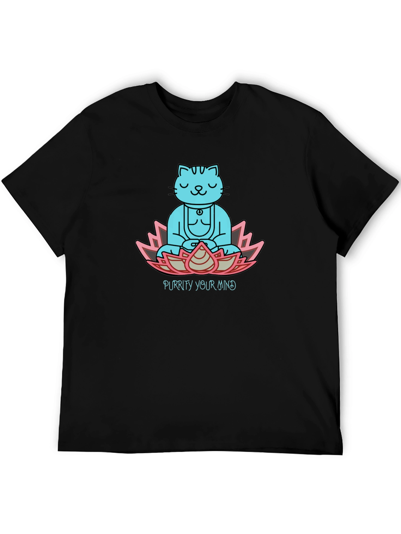 Purrity Your Mind Black T-Shirt - Meditating Cat Design