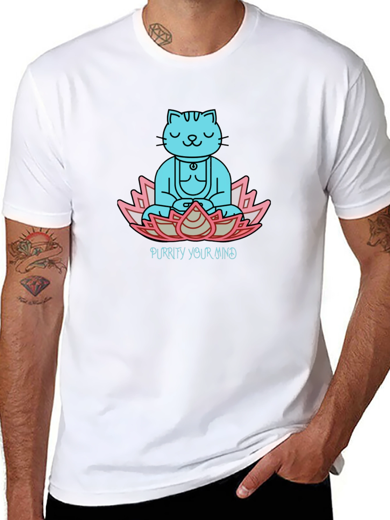 Purrity Your Mind Black T-Shirt - Meditating Cat Design
