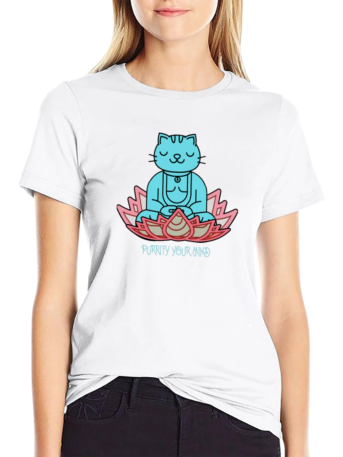 Purrity Your Mind Black T-Shirt - Meditating Cat Design