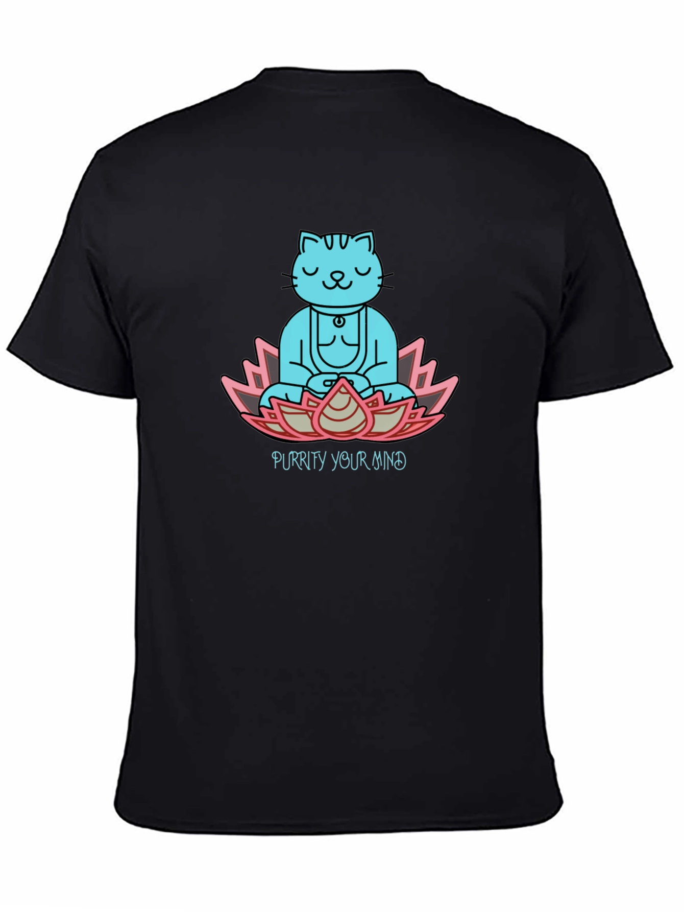 Purrity Your Mind Black T-Shirt - Meditating Cat Design