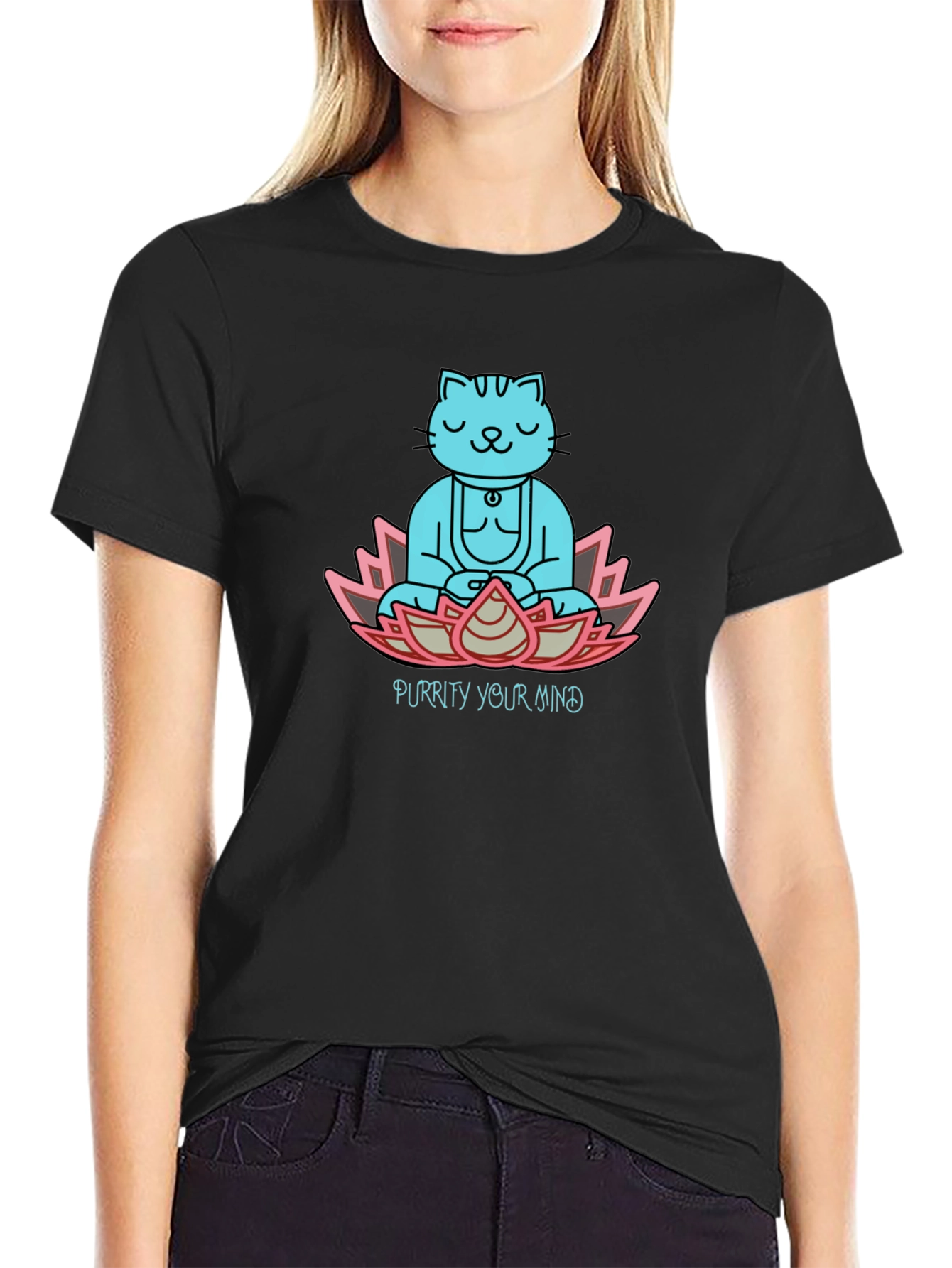 Purrity Your Mind Black T-Shirt - Meditating Cat Design
