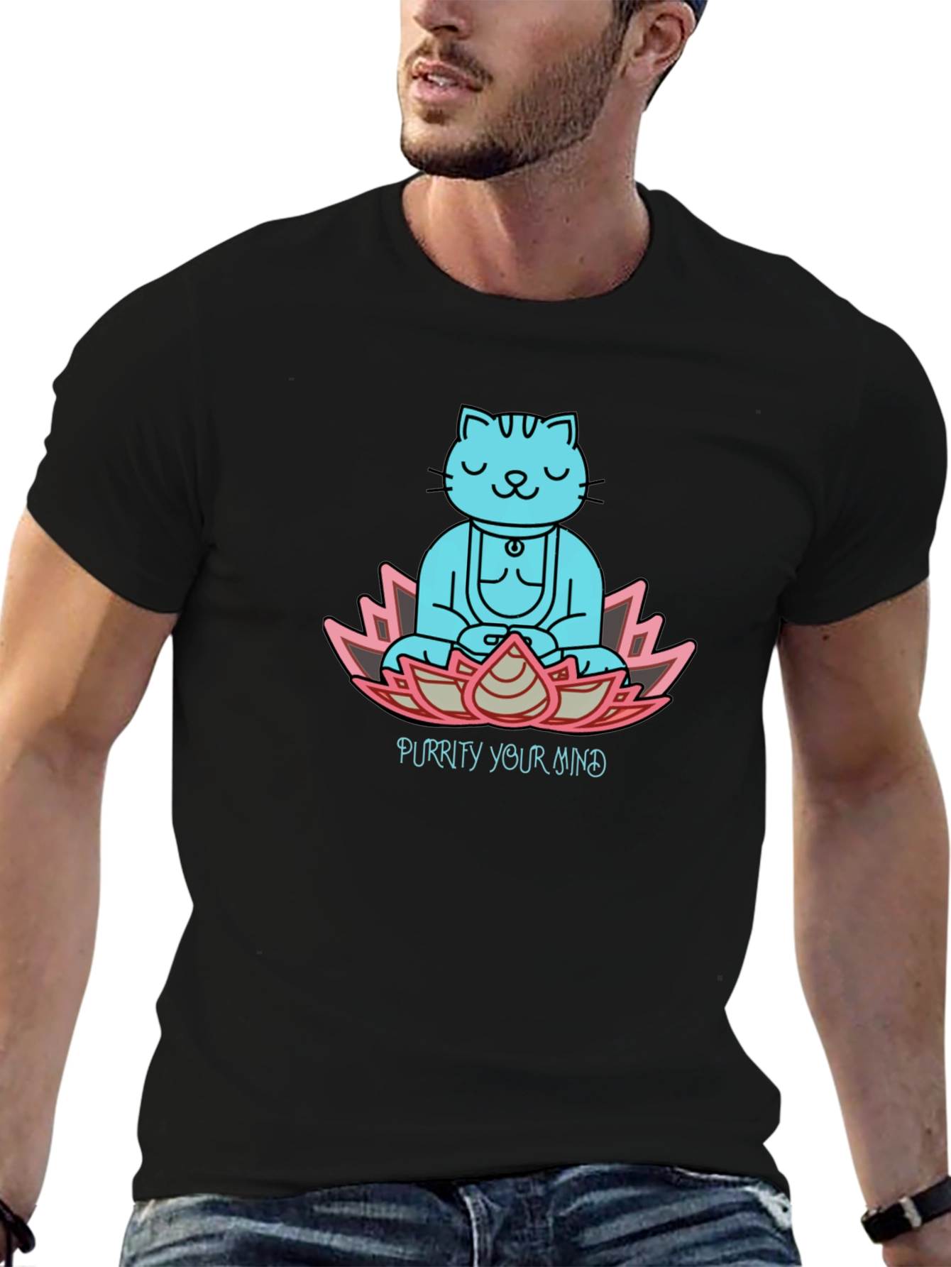 Purrity Your Mind Black T-Shirt - Meditating Cat Design