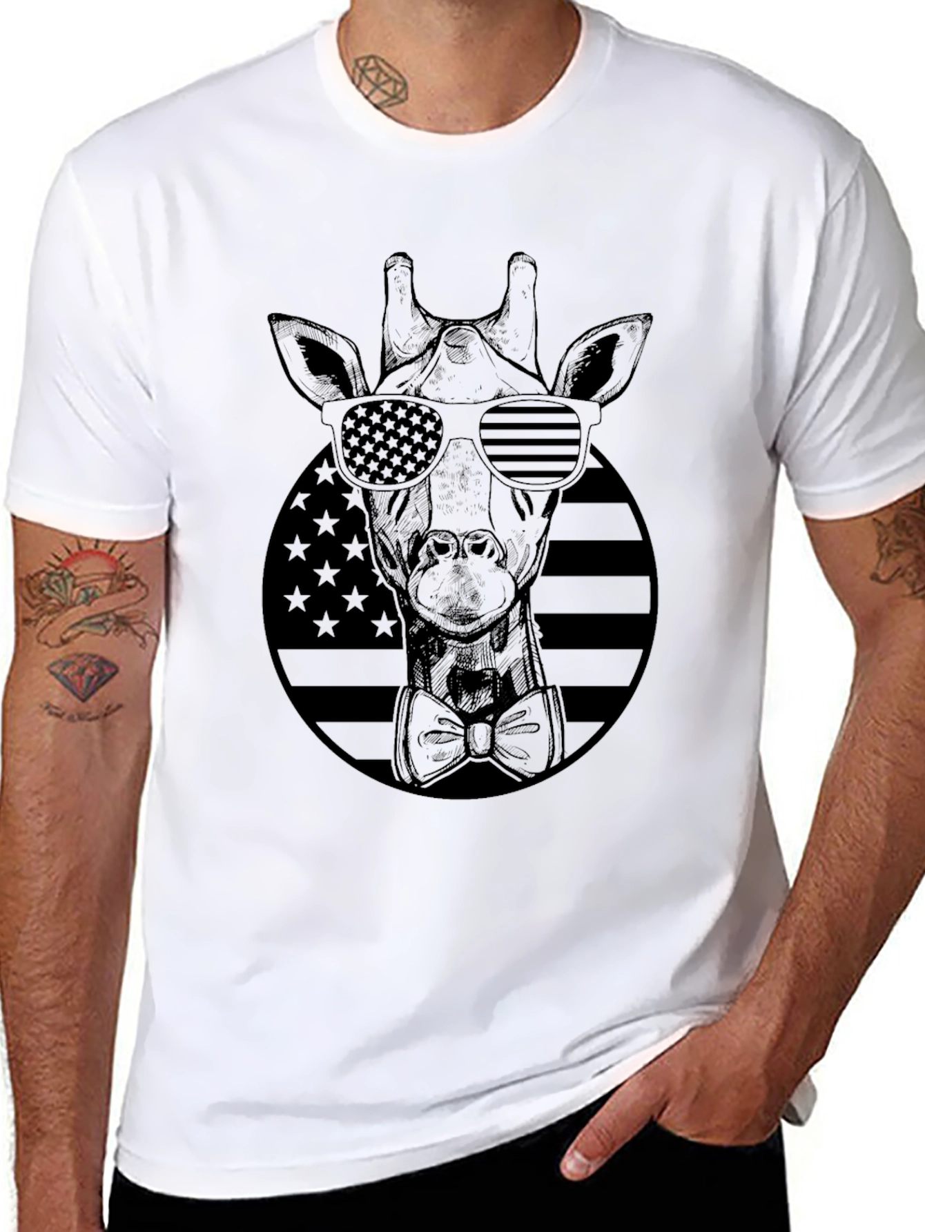 Giraffe Sunglasses USA Flag Black T-Shirt