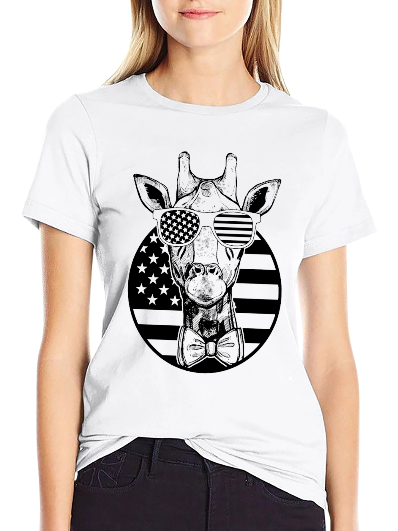 Giraffe Sunglasses USA Flag Black T-Shirt