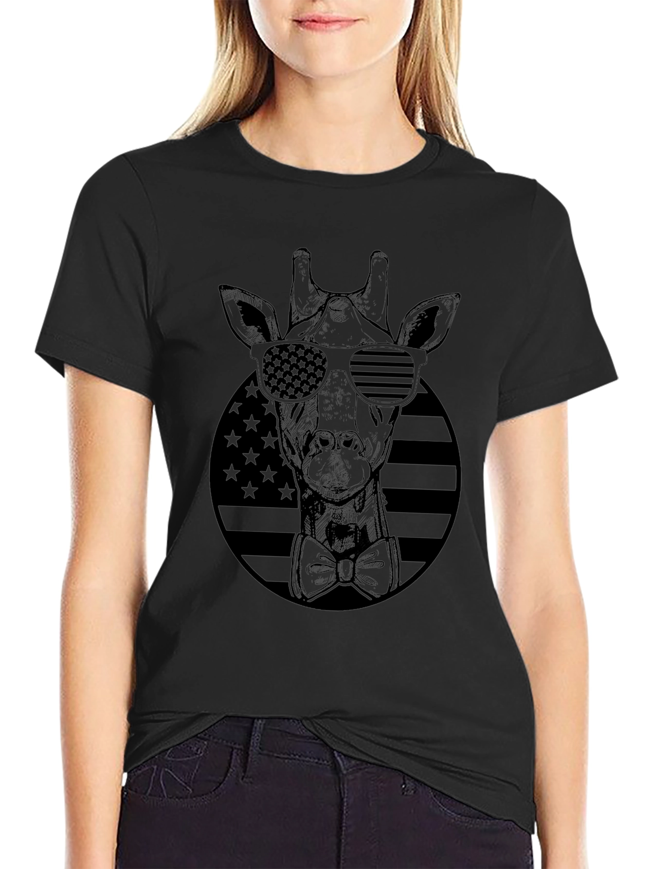 Giraffe Sunglasses USA Flag Black T-Shirt